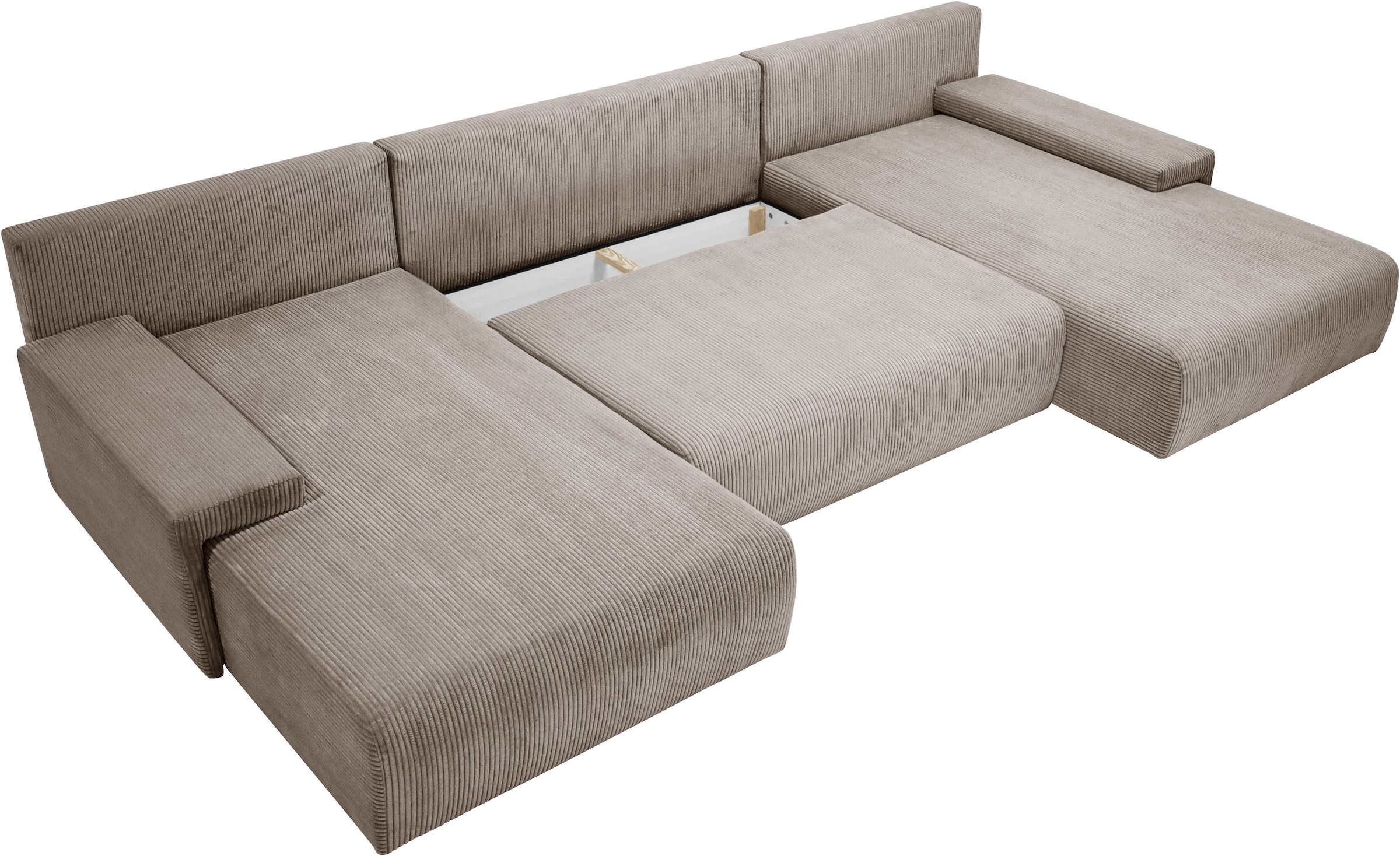 WERK2 Wohnlandschaft »Amalfi 348 x 188 cm modern & bequem, viel Platz mit Bett & Bettkasten« Cord, U-Form, XXL, Schlaffunktion, Bettkasten