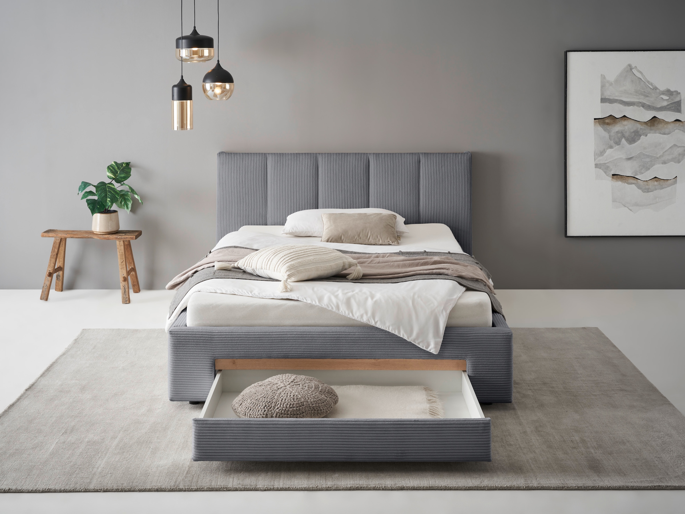 INOSIGN Polsterbett »CiTY/GiRON, Bettgestell mit Bettkasten, gepolstertes Stauraumbett«, mit Hundebett oder Stauraumschublade, Bezug Cord-oder Leinenoptik