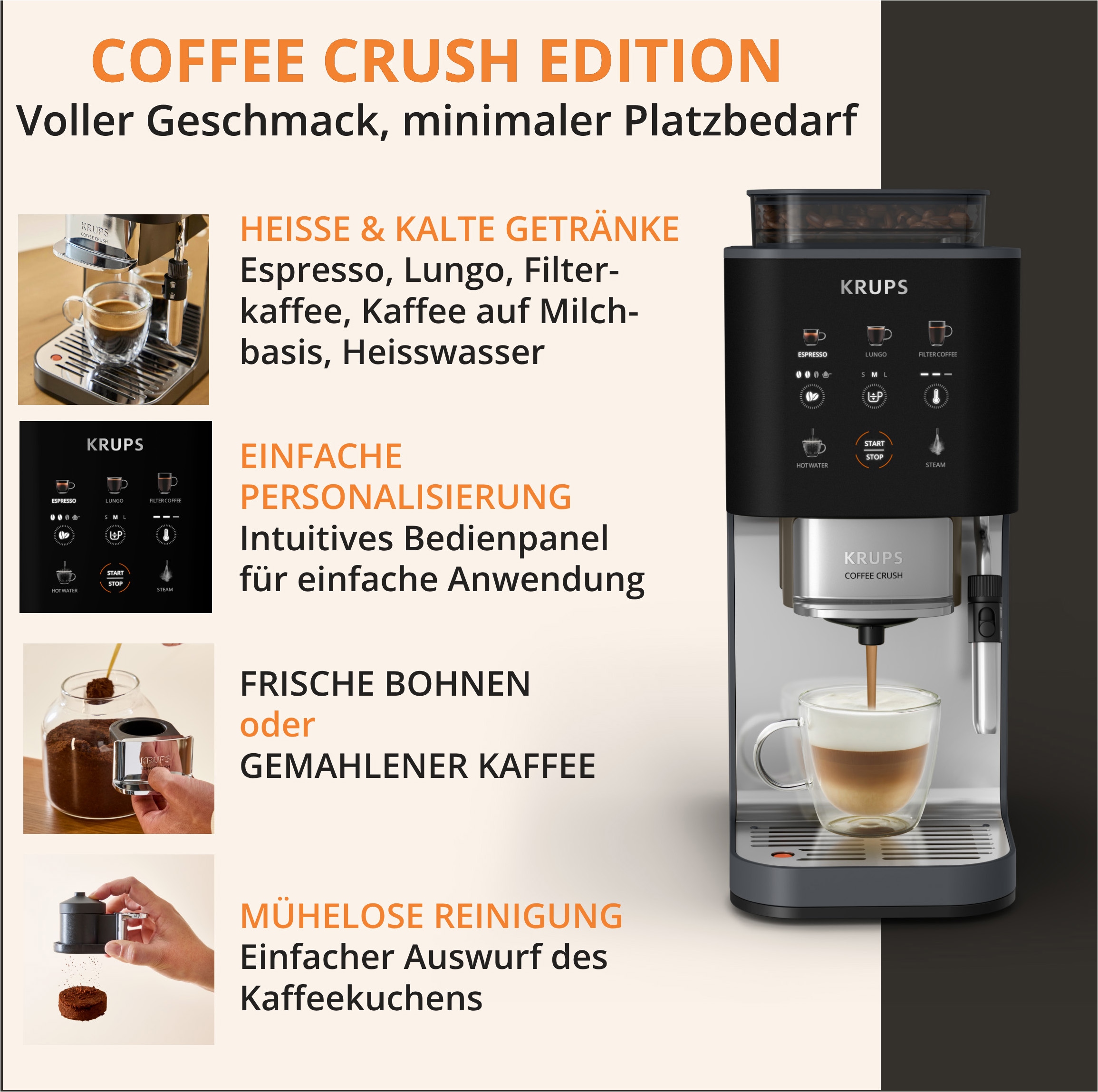Krups Kaffeevollautomat »SA404B Coffee Crush Extra Milk« kompakt, gemahlenen oder vorgemahlenen Kaffee, intuitives Bedienfeld