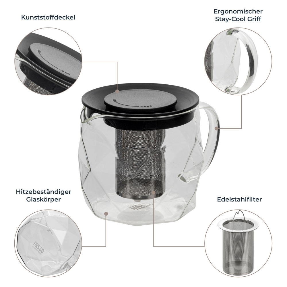 RESTO Kitchenware Teekanne »Ain, hitzebeständige Glaskanne im 3D Design, Höhe 12 cm« 1 l 4 Stk. tlg. mit herausnehmbarem Filtersieb aus Edelstahl, im Geschenkkarton