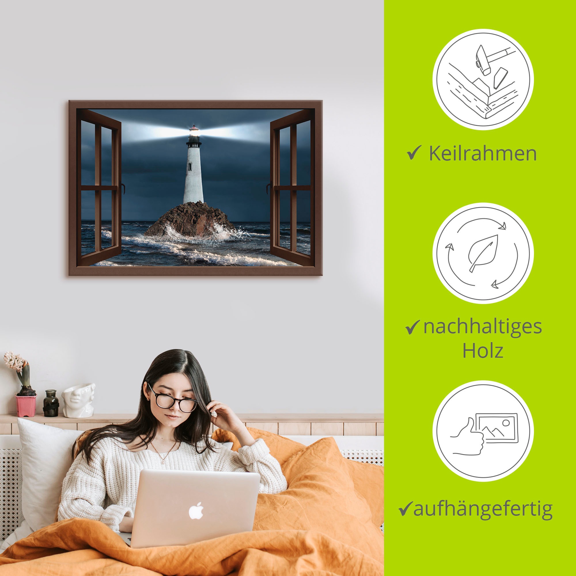 Artland Leinwandbild »Fensterblick Leuchtturm mit Lichtstrahl« Gebäude 1 Stk. tlg. auf Holzrahmen gespannt
