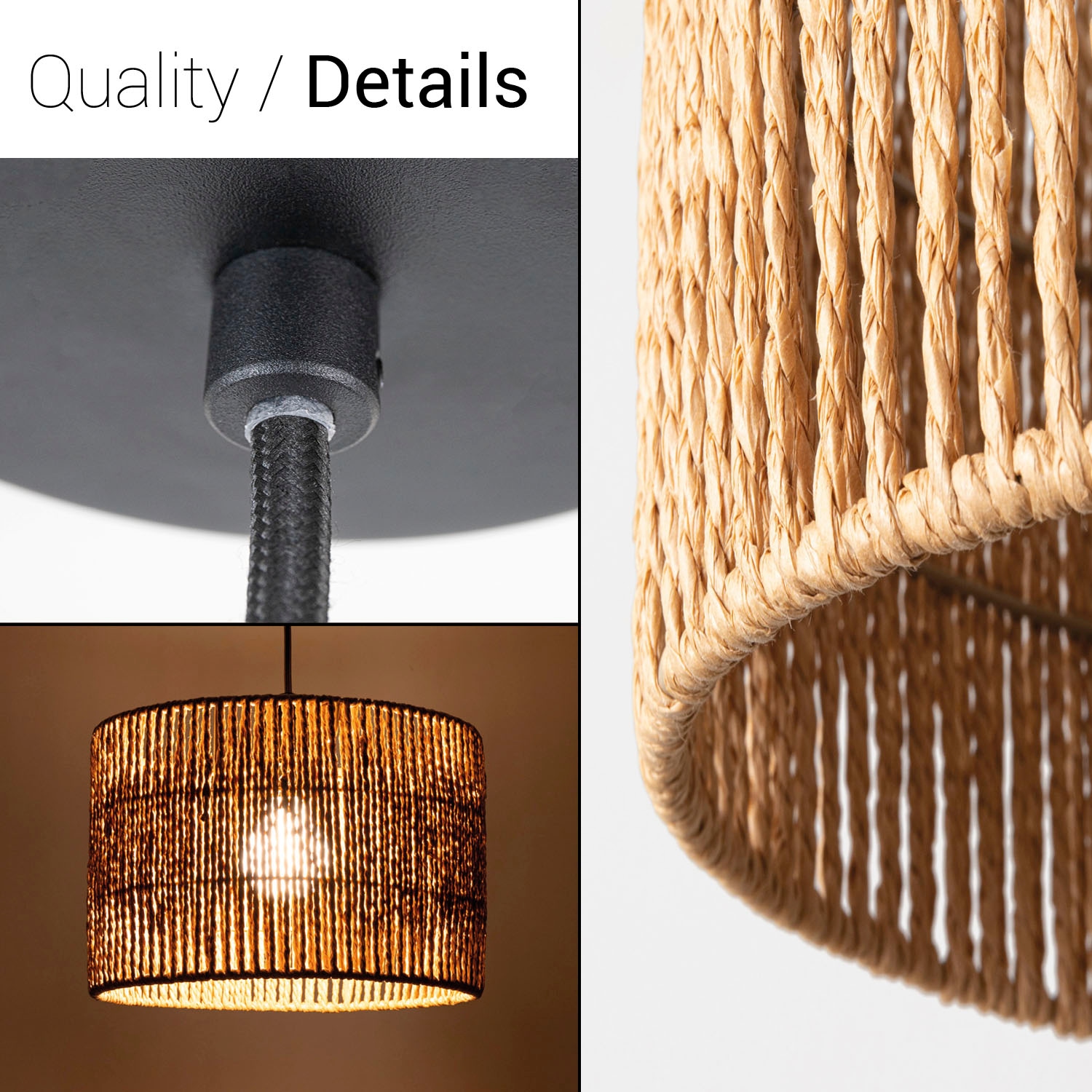 Paco Home Pendelleuchte »Hugo Buena«, Leuchtmittel E27 | ohne Leuchtmittel, Wohnzimmer Esszimmer Rattan Optik Boho Lampenschirm Papier