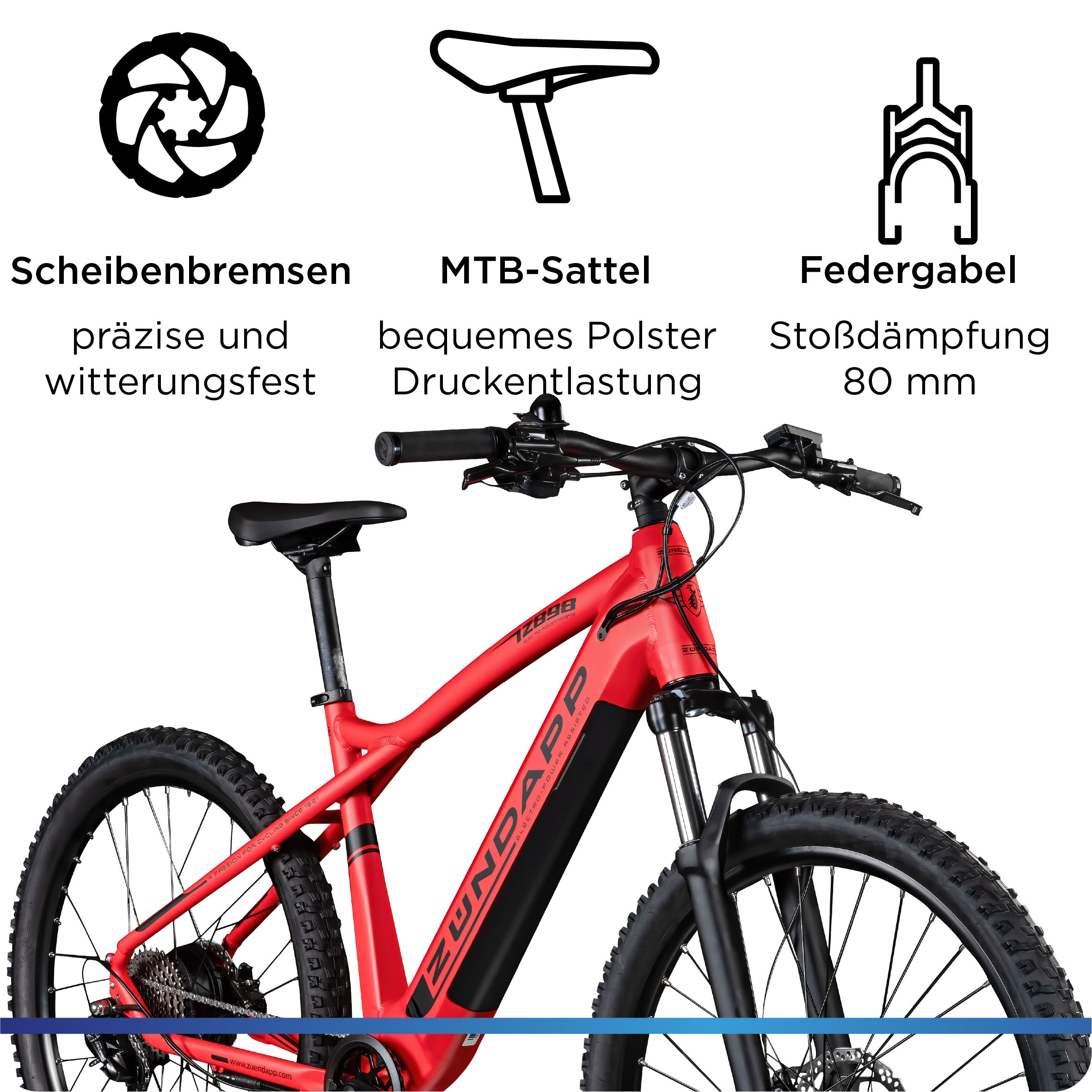 Zündapp E-Bike »Z898«, 10 Gang, Heckmotor 250 W, E-Bike E Mountainbike 27,5 Zoll Pedelec 170 - 190 cm Hardtail MTB