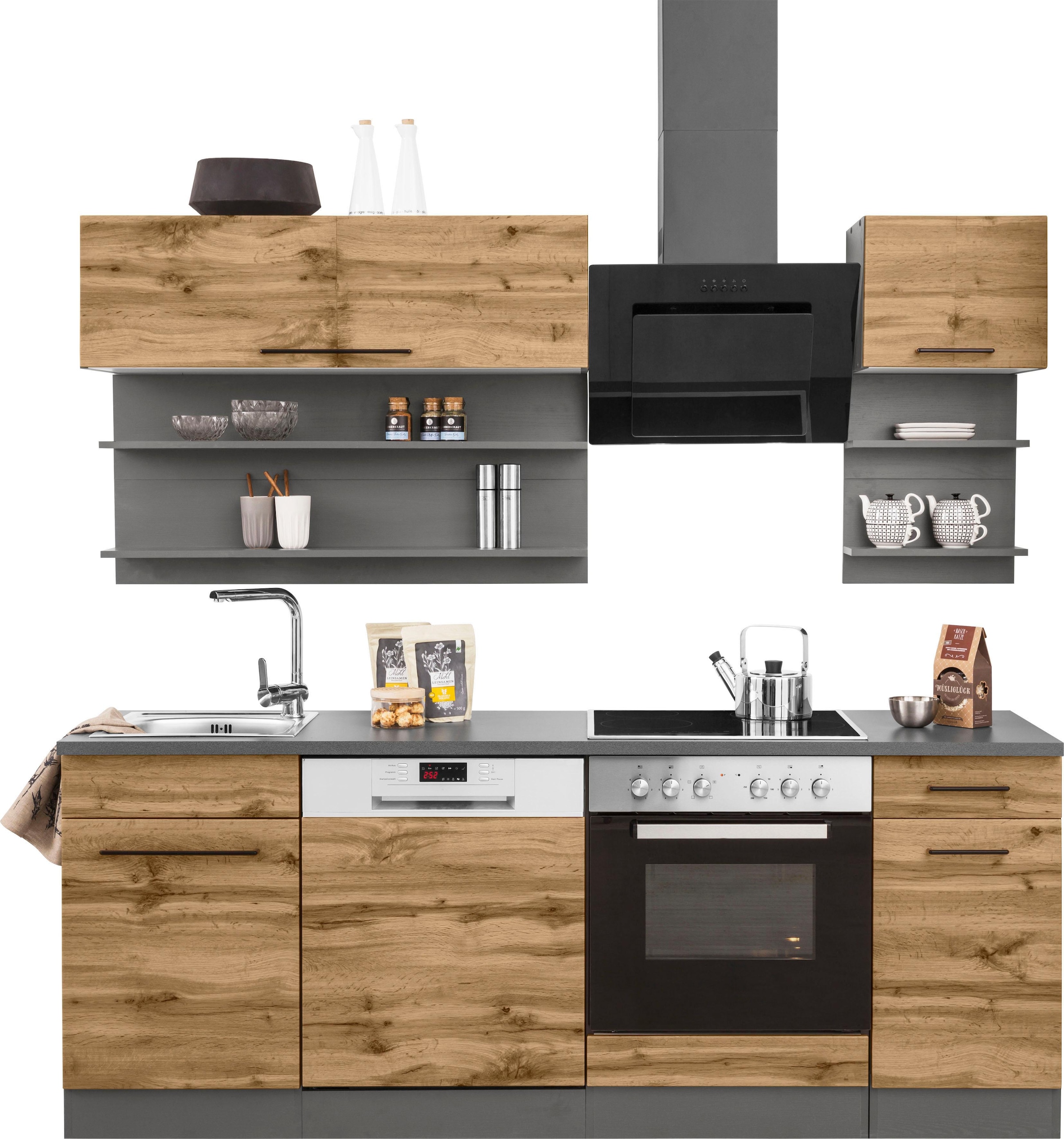 KOCHSTATION Küchenzeile »KS-Tulsa« ohne E-Geräte, Breite 210 cm, schwarze Metallgriffe, MDF Fronten