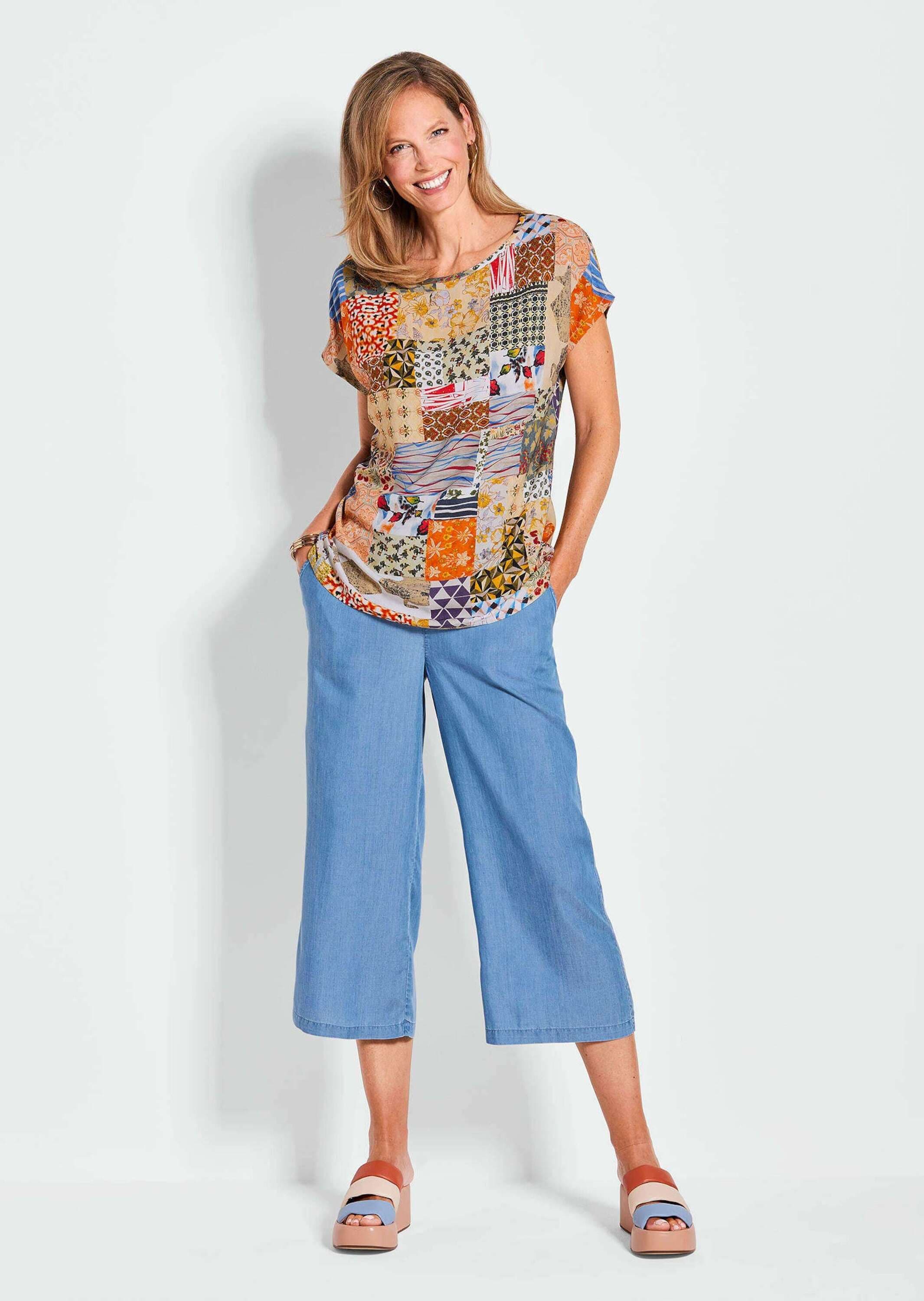 GOLDNER Schlupfbluse »Kurzgröße Luftige Viskosebluse mit Patch-Print« Patch-Print