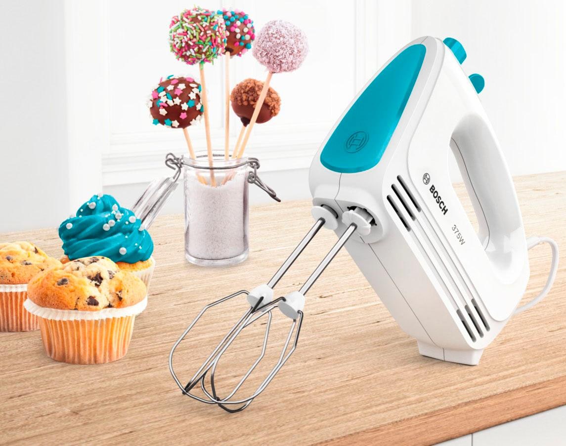 BOSCH Handmixer »CleverMixx MFQ2210D, Edelst. Rührbesen/Knethaken, 4 Stufen, weiß/blau«, 375 W, Auswurftaste, leichtes Gehäuse, Made in Europe