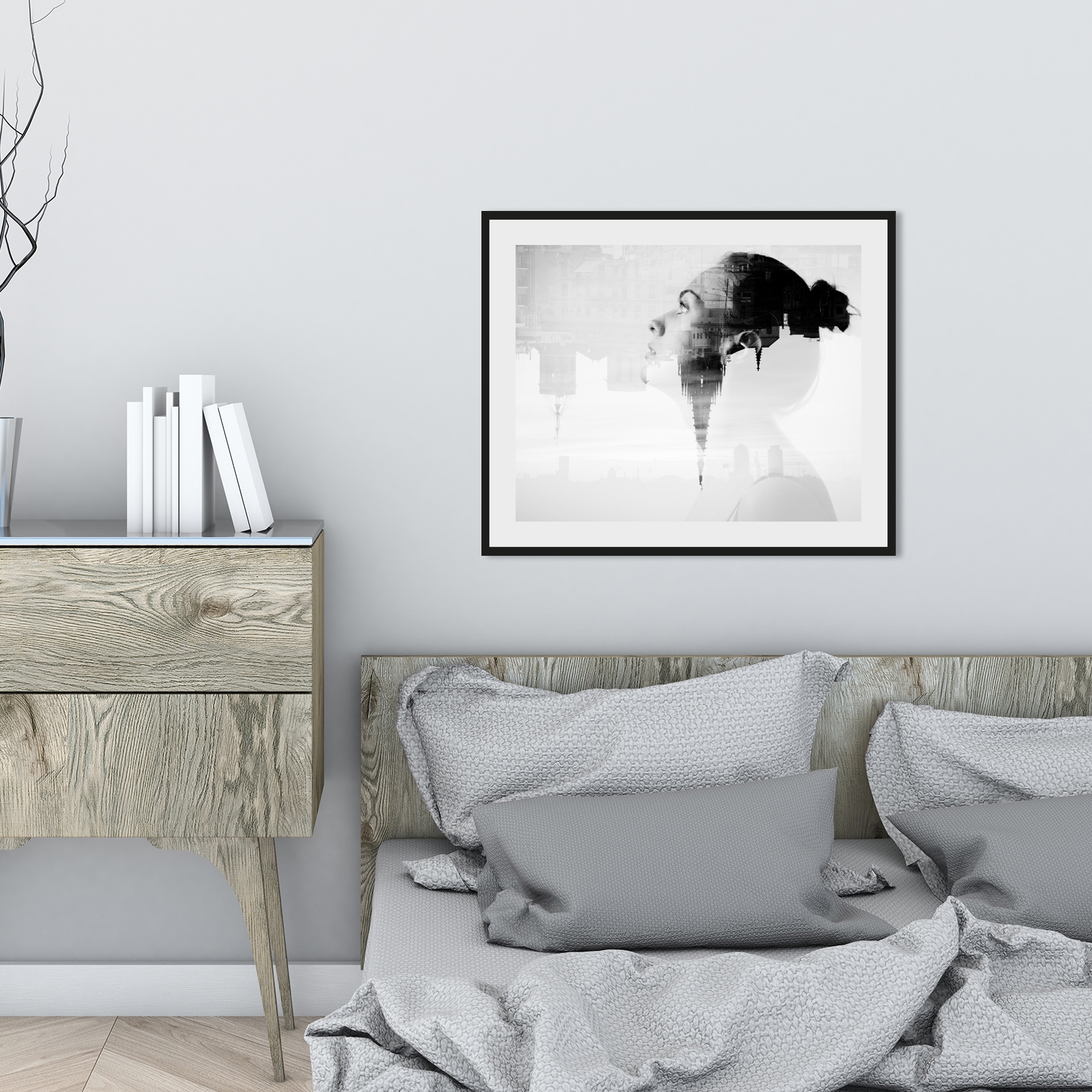 queence Bild »OVERTHINKING«, Frau-Stadt-Städte-Foto-Schwarz-Weiß-Kunst, HD Premium Poster-Druck inkl. Holzrahmen