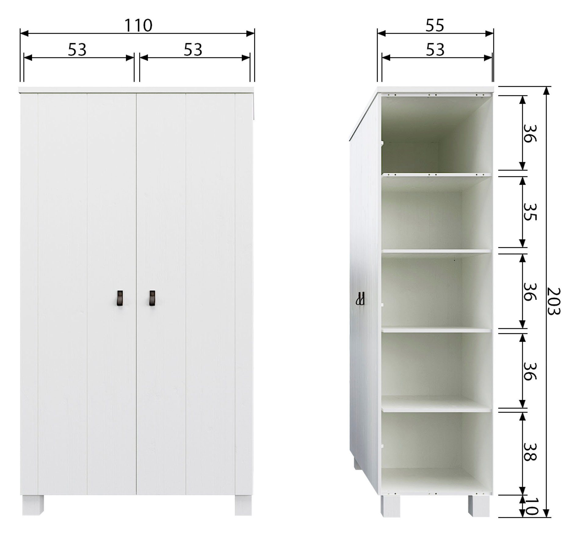 WOOOD Garderobenschrank »Ties FSC®-Kiefernholz gebürstet mit Ledergriffen, H202 x B111 x T55 cm« V-Nuten-Türen, Tragkraft 10 kg pro Einlegeboden, Melamininterieur