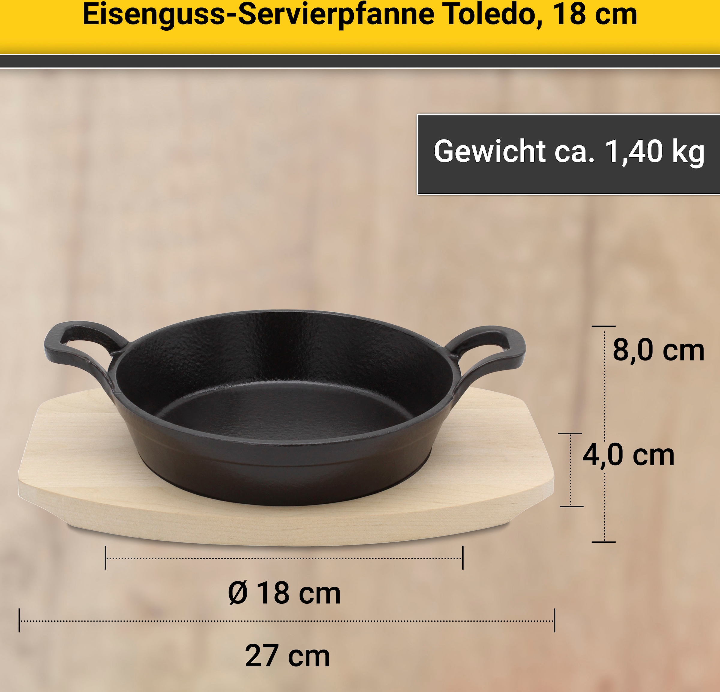 inkl. Servierpfanne Ø (1 Krüger bei Holzteller, OTTO 18 cm »Toledo«, Gusseisen, tlg.), Induktion,