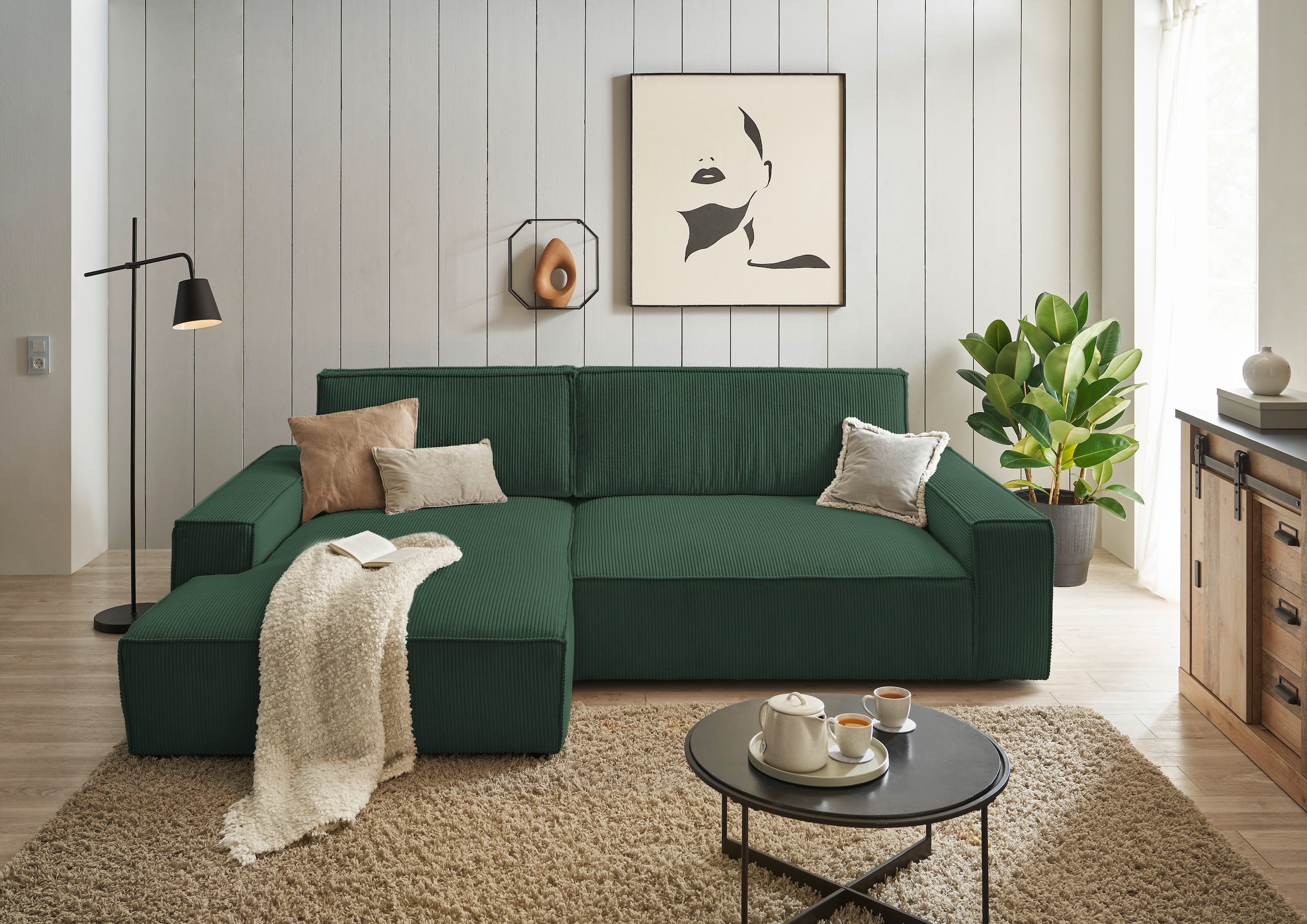 Home affaire Ecksofa »NEU: SHERWOOD XXL 284, Big-Sofa L-Form, tiefe Sitzfläche 95 cm, Cord«, Recamiere rechts/links, als Schlafsofa stellbar, Cord u. Leinenoptik