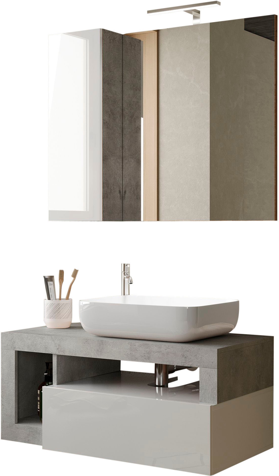 welltime Badmöbel-Set »Hamburg, Badezimmerset 2tlg. Breite 92 cm, Badmöbel, Waschtisch inkl.«, (Spar-Set, 2 St.), Waschbecken, Spiegelschrank mit LED Aufbauleuchte, Soft-Close-Funktion