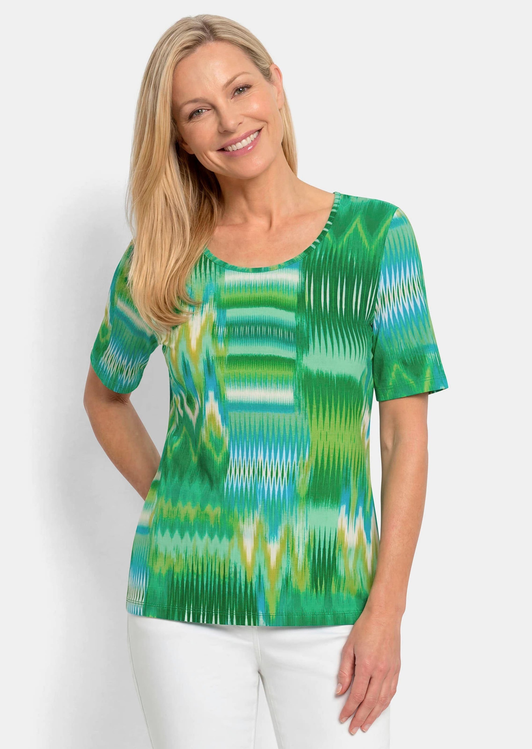 GOLDNER Kurzarmshirt »Viskoseshirt mit Zickzackmuster« stretchbequemer Viskosejersey