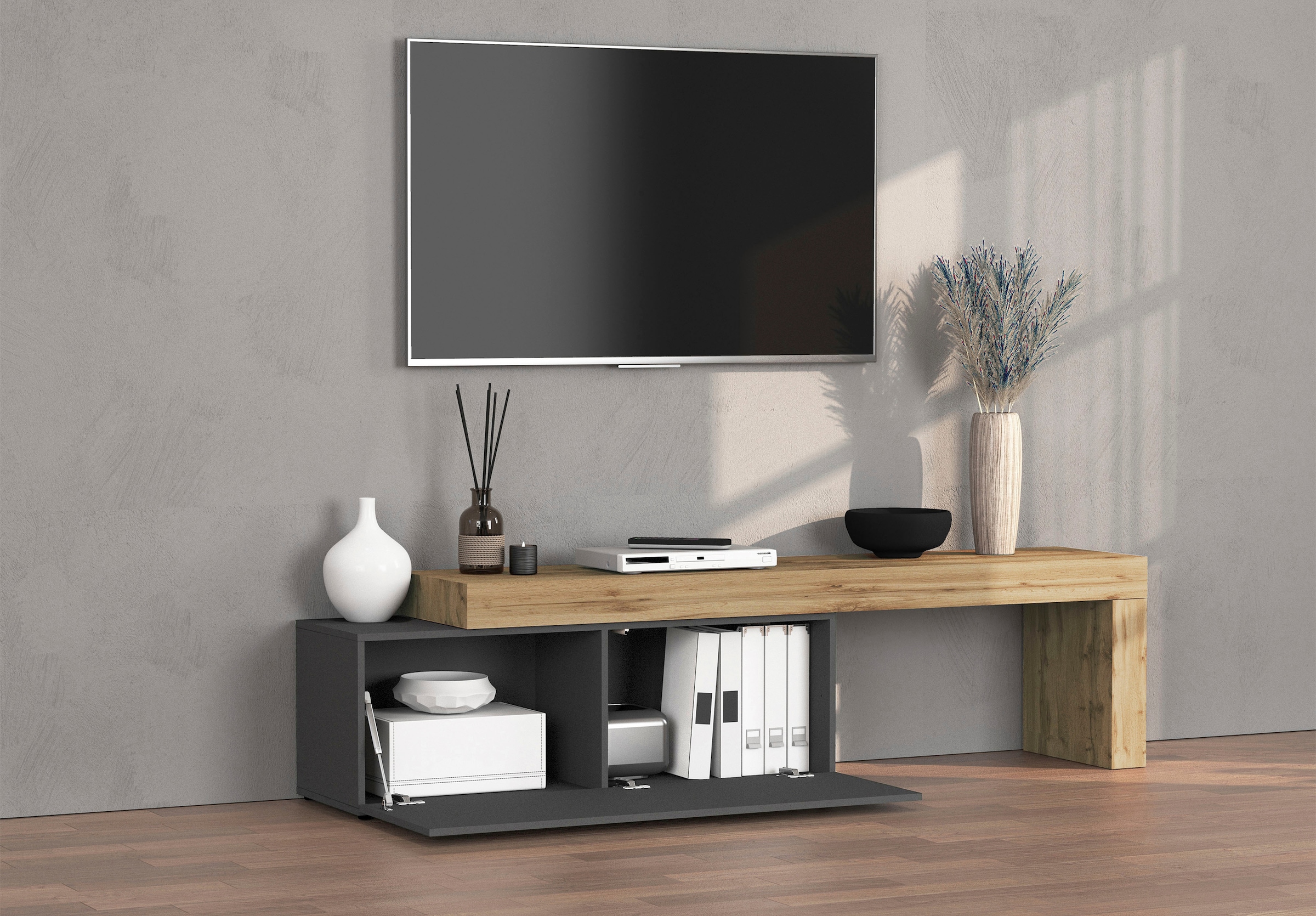 OTTO home Lowboard »Chronos TV-Board, T-Schrank« Breite verstellbar von 180 bis 290 cm, 1 Stk. tlg. Breite 240 cm TV-Board,Lowboard,1 Klappe und ein L-Förmiger Aufsatz