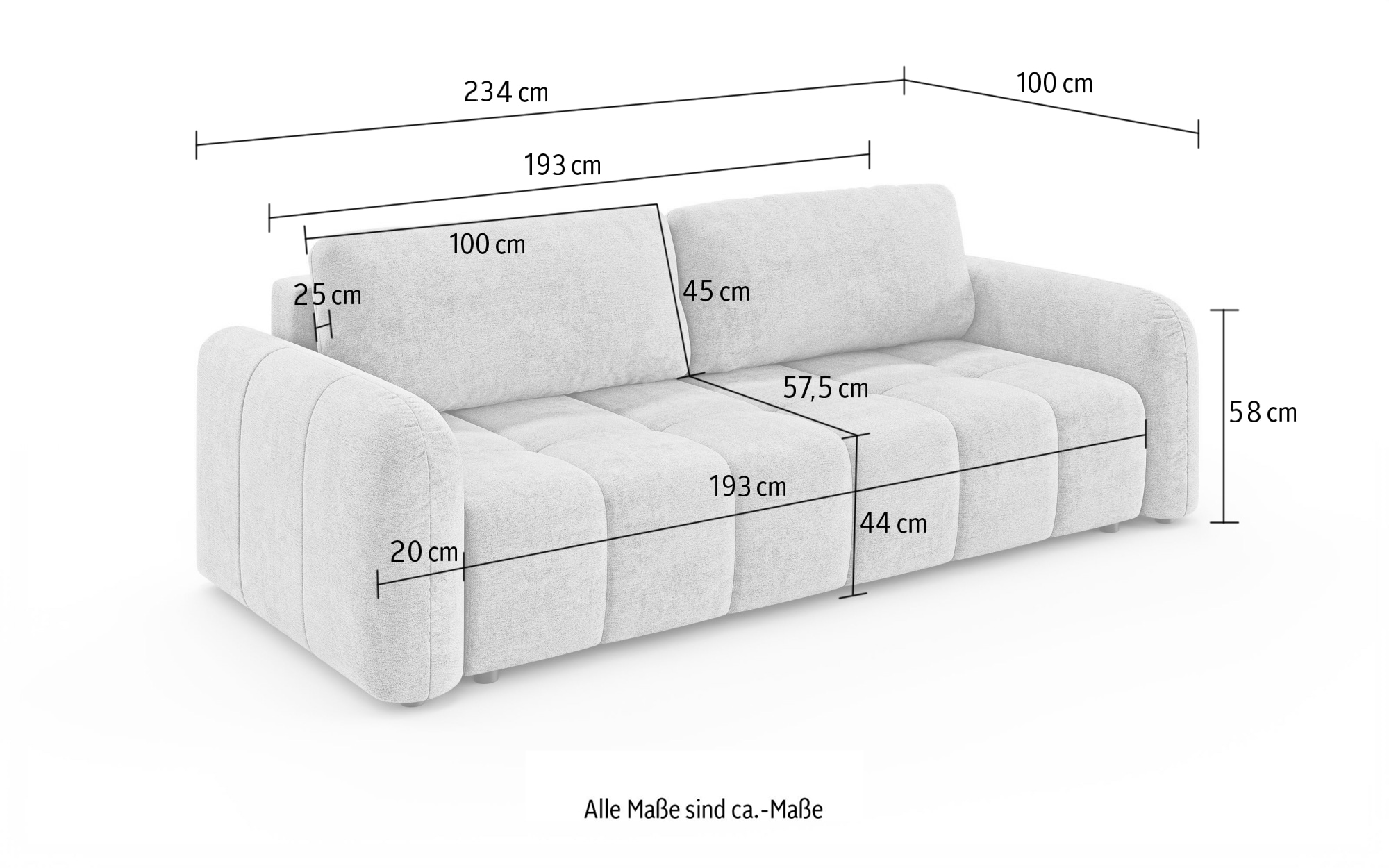 OTTO home 3-Sitzer »NERRINA Schlafsofa, Bettkasten, komfortables Sitzgefühl, Breite 234cm« Liegefläche 146x193cm, inklusive Rückenkissen, moderne Steppung