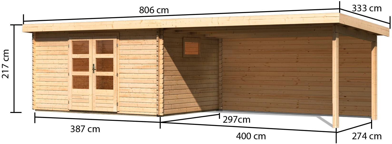 KONIFERA Gartenhaus »Trittau 5«, mit Anbaudach 4,4m Rückwand, naturbelassen