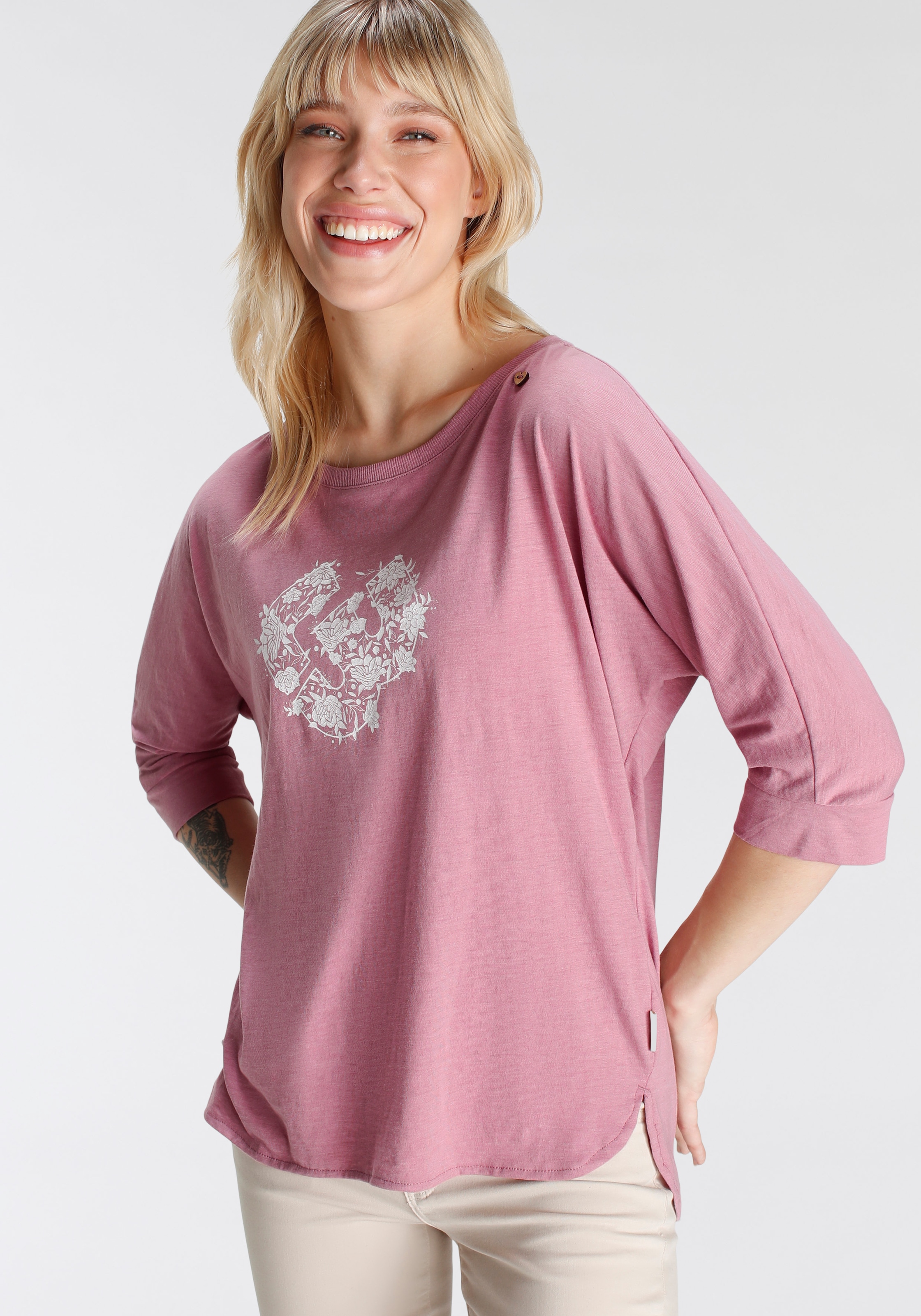Ragwear Langarmshirt »RAG Longsleeve SHIMONA O PRINTED«, mit Frontdruck und Zierknopf, hinten länger geschnitten