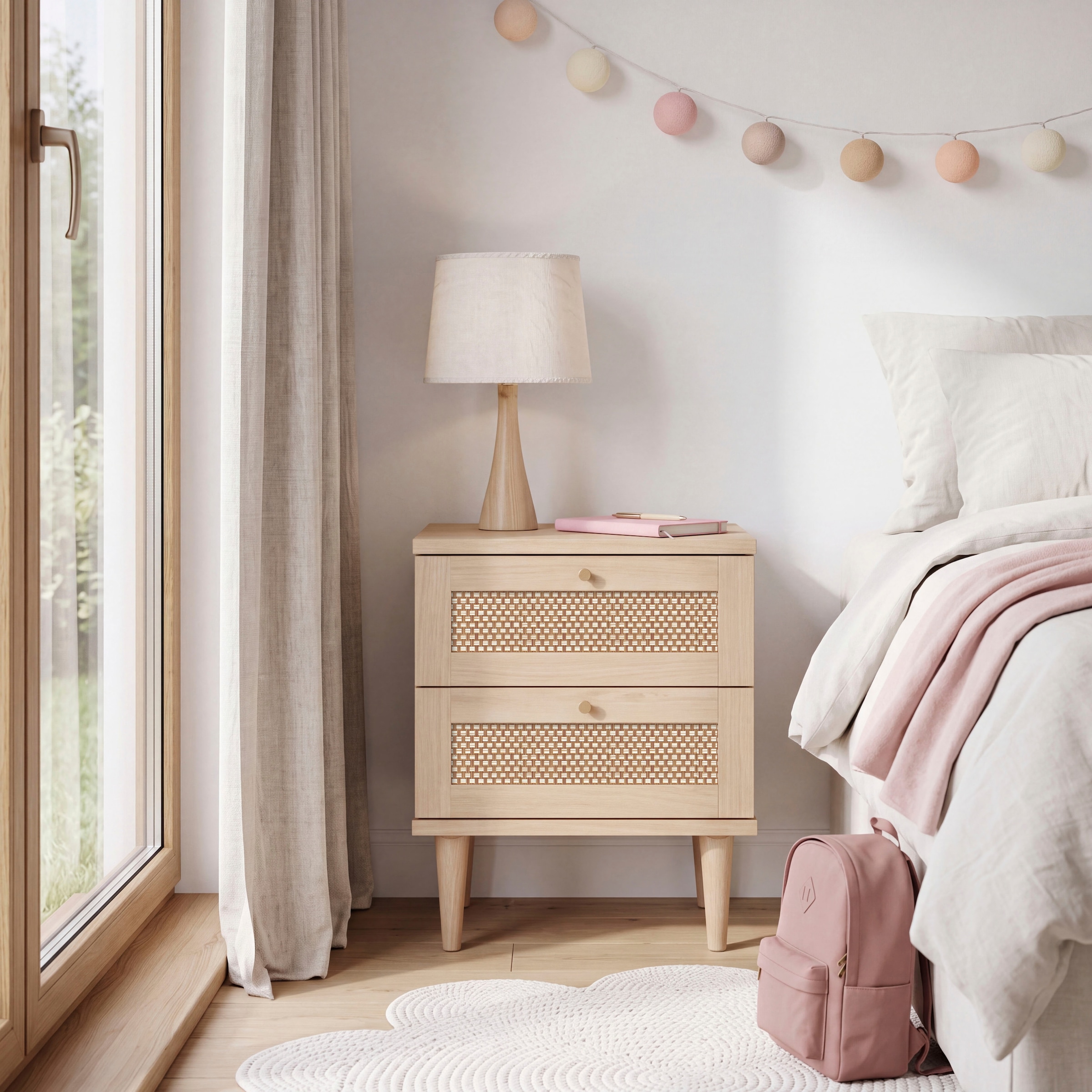OTTO home Nachtkommode »ELLIAN mit natürlicher Geflechtoptik, 2 Schubladen« Holzfüße, Metallgriffe, Made in EU, viel Stauraum