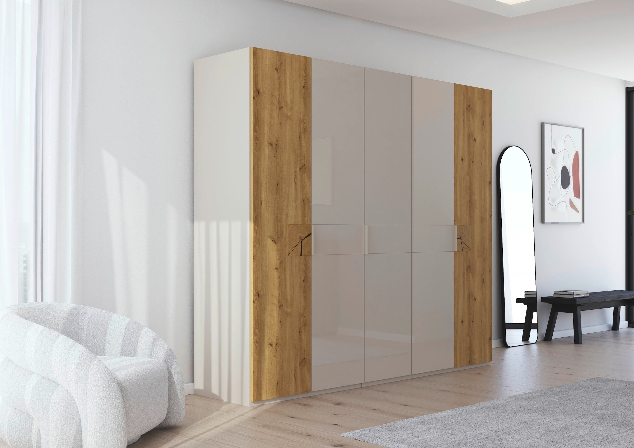 rauch Kleiderschrank »Drehtürenschrank Schrank Garderobe Wäscheschrank KONA« Breiten 251/301 cm, Höhe 223 cm, Tiefe 61 cm,  Glasauflage, Massivholz-Absetzung, SOFT-CLOSE-FUNKTION MADE IN GERMANY