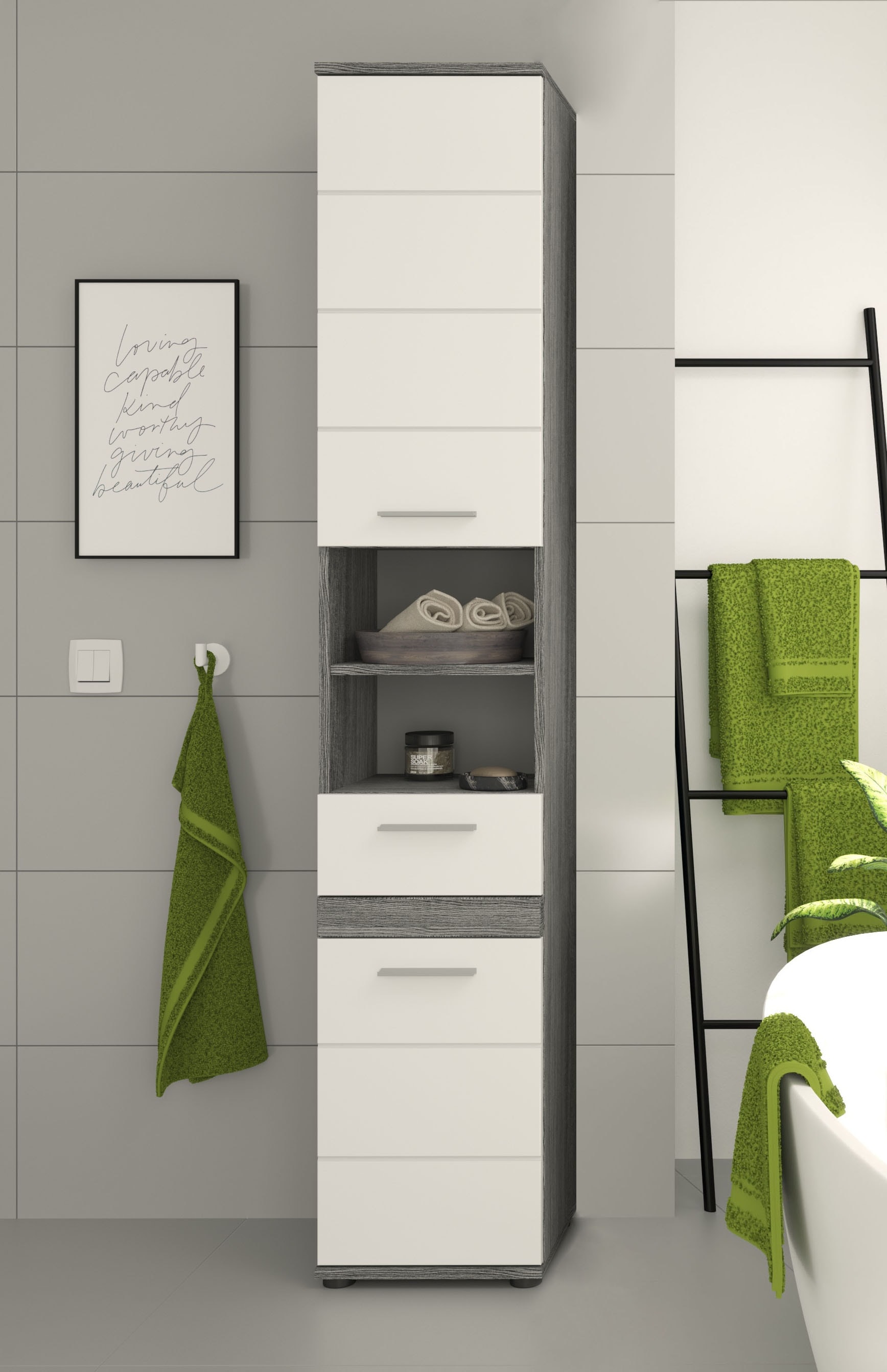 welltime Hochschrank »LUCCA, TOPSELLER!, Breite 35cm, 2 Türen, 1 Schubkasten, 2 Fächer«, MDF-Front, Türanschlag wechselbar, Badmöbel, Badschrank, Badezimmer