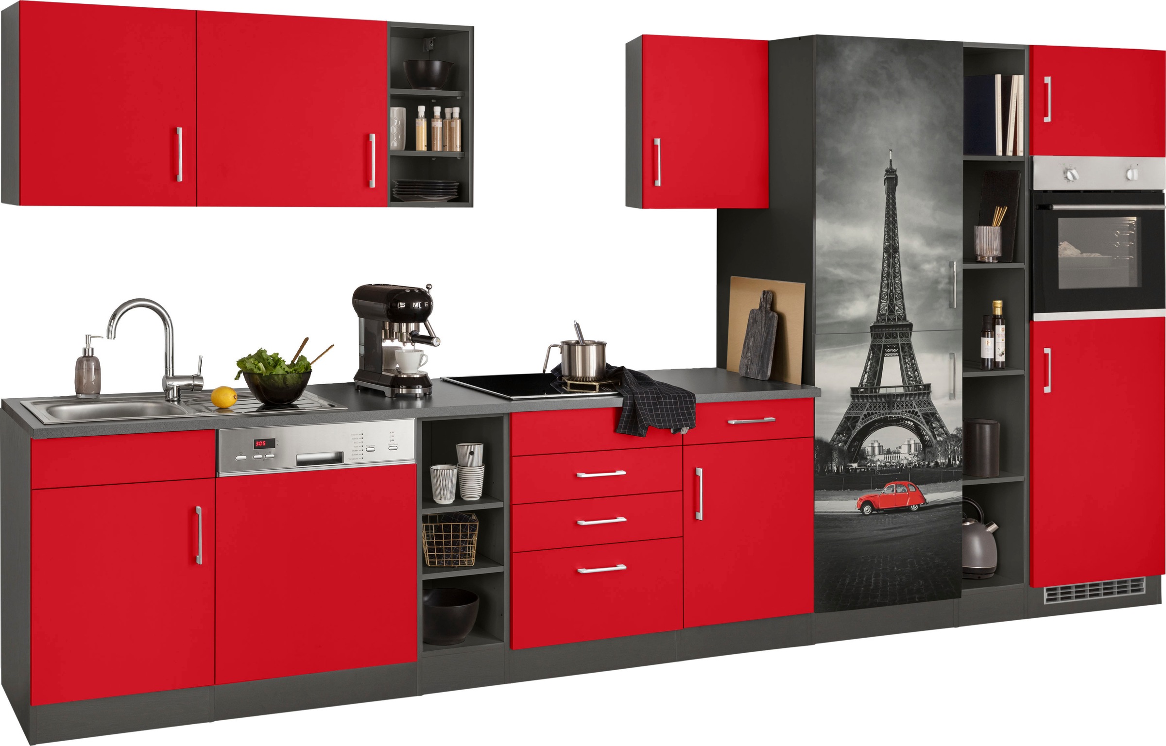 KOCHSTATION Küchenzeile »KS-Paris – Küchen mit einzigartigen Fotomotiven auf den Fronten« Breite 400 cm, wahlweise mit E-Geräten und Induktion