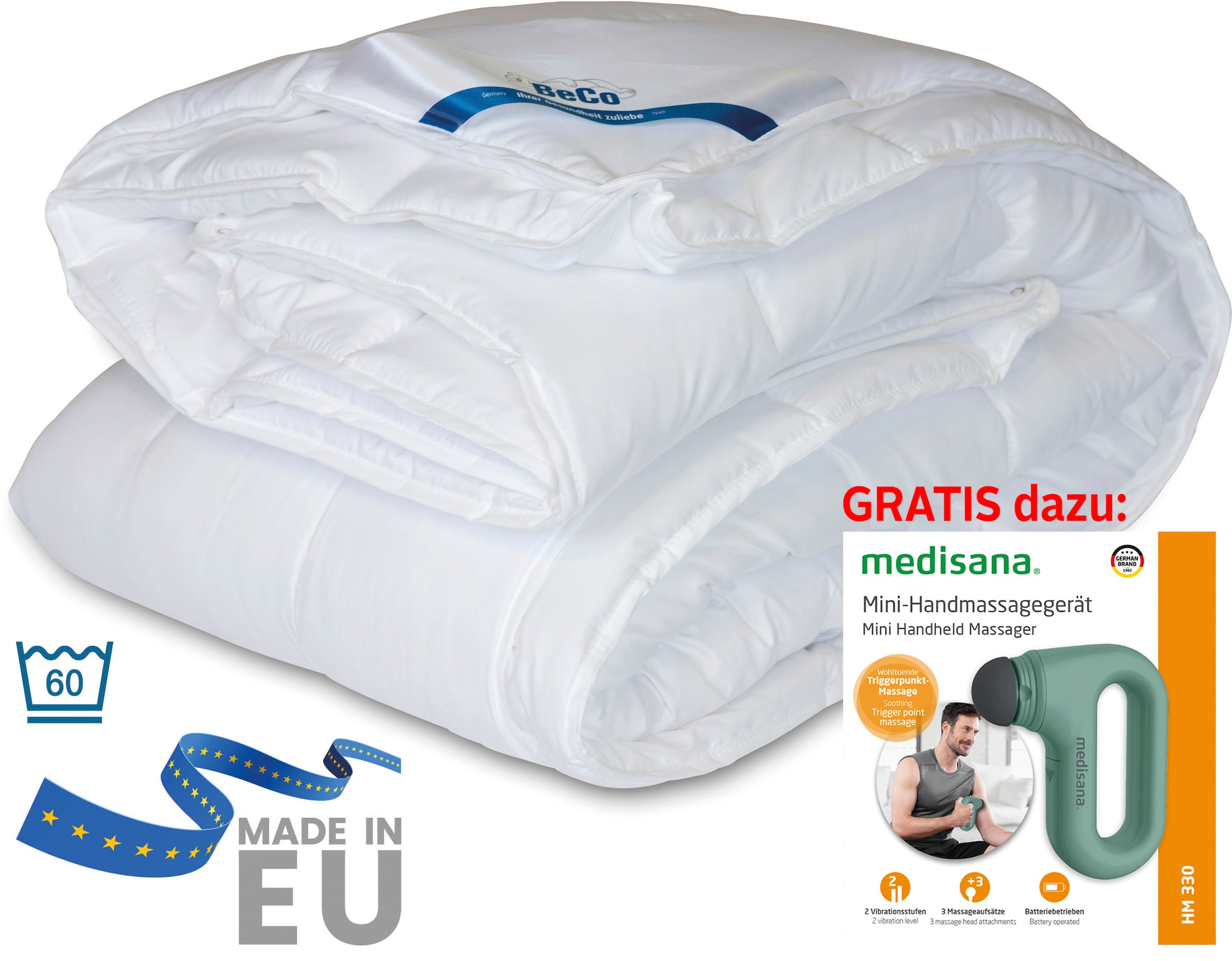 Beco Microfaserbettdecke »Bettdecke Royal Soft Duo, Bettdecken mit Handmassagegerät GRATIS dazu!«, leicht, Füllung Polyester, Bezug Microfaser, (1 St.), Bettdecke 135x200 cm, 155x220 cm, exzellente Klimaeigenschaften