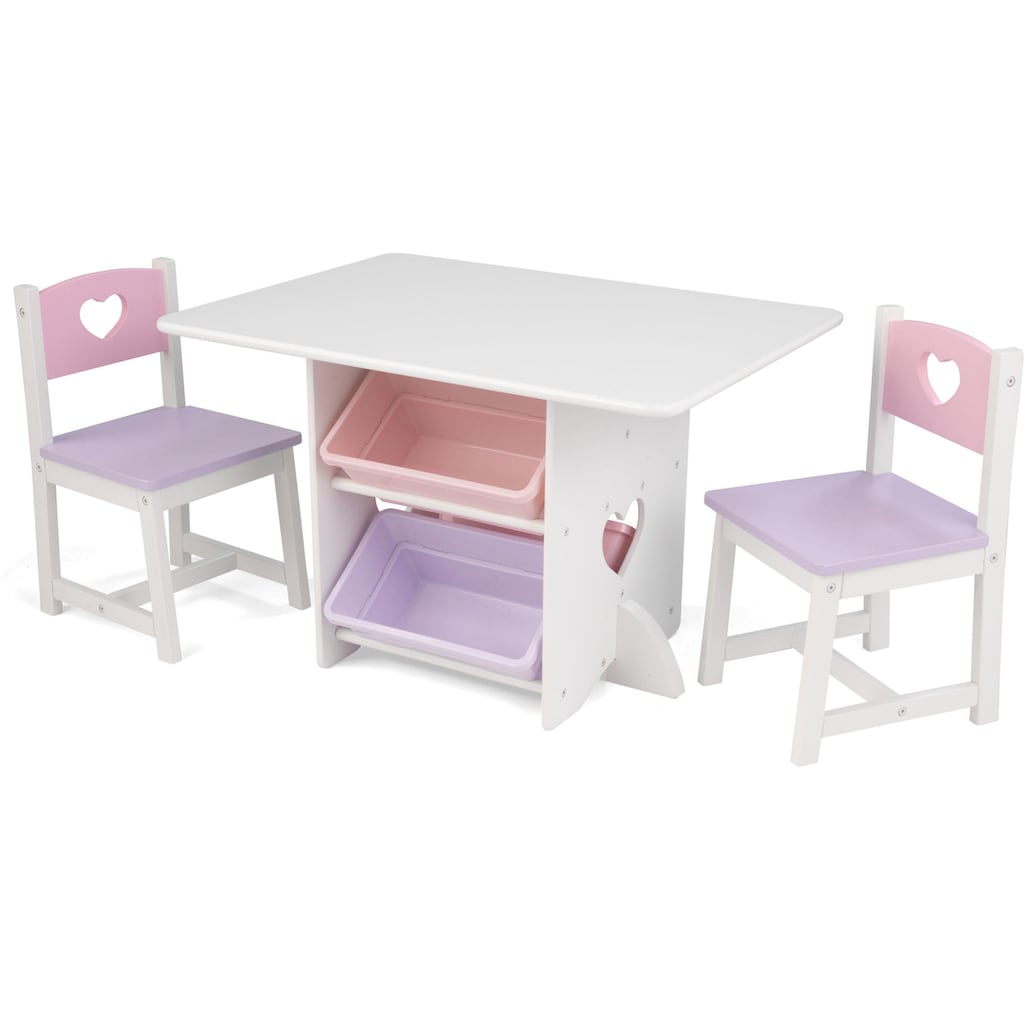 KidKraft® Kindersitzgruppe »Tisch mit Aufbewahrungsboxen und 2 Stühlen Herzchen«, (3 tlg.)