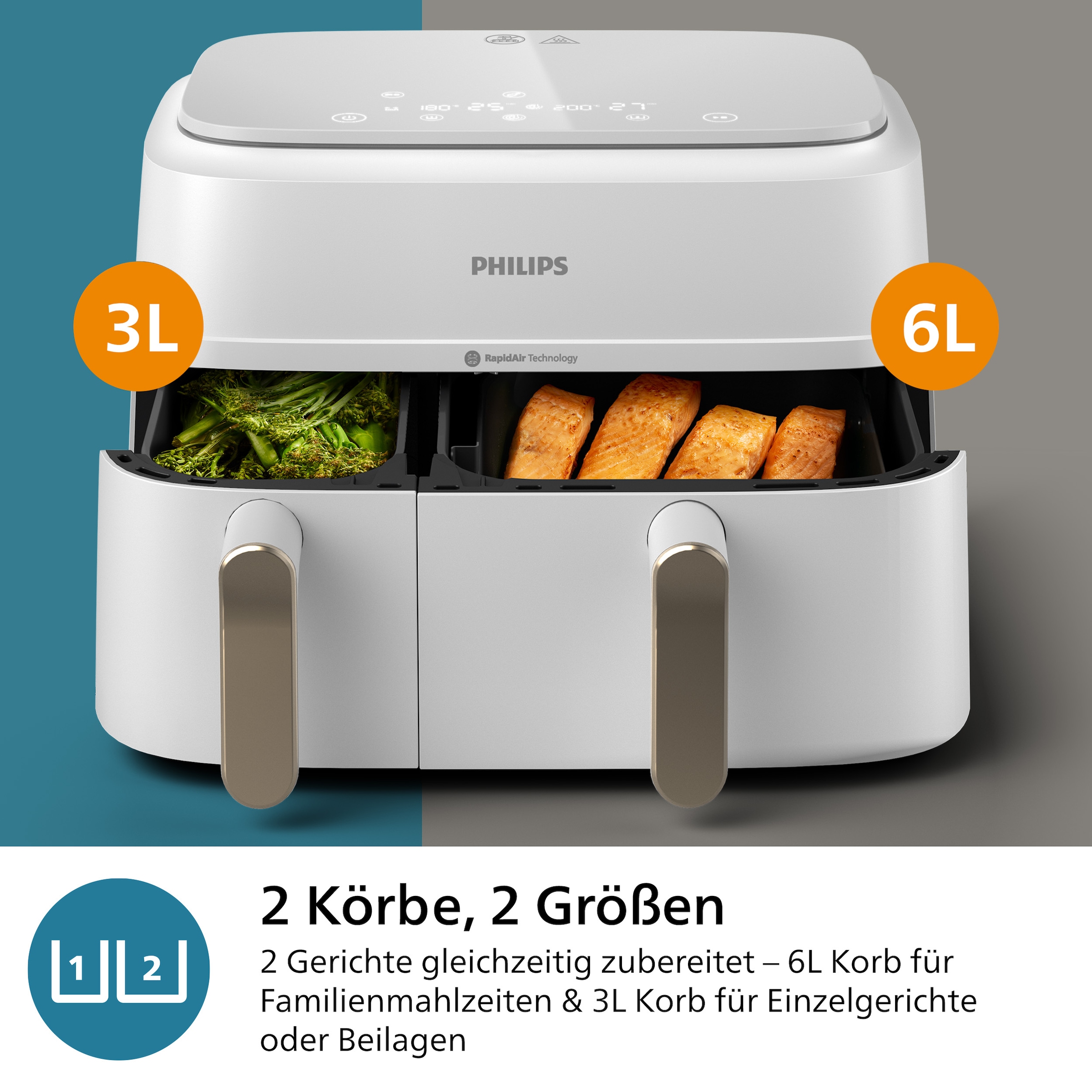 Philips Heißluftfritteuse »Airfryer 3000 Dual Basket NA353/10, zwei Körbe mit 9L (3L+6L)«, 2750 W, RapidAir Technologie und 12 Kochfunktionen; Weiß/Champagner