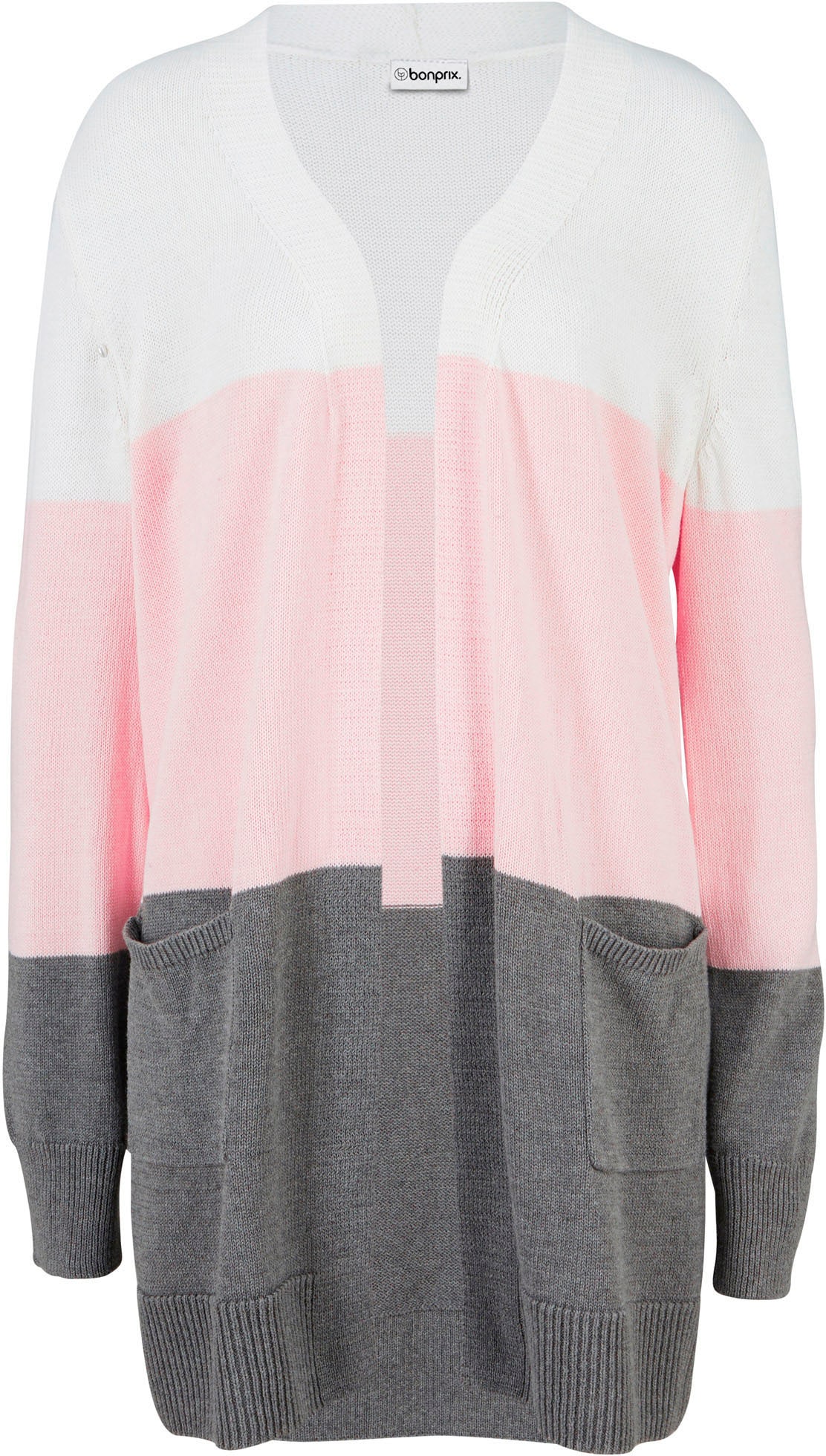 bonprix Longstrickjacke dreifarbig, lockere Passform, Casual Stil, mit Knopfleiste