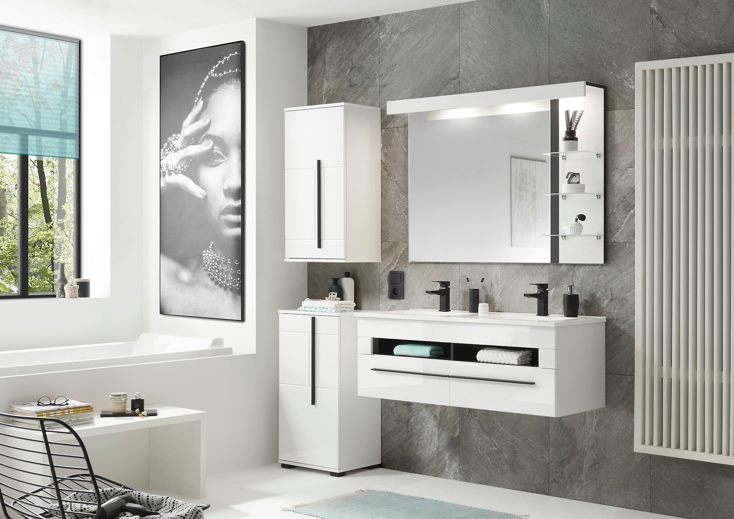INOSIGN Unterschrank »Cantara, Badschrank in Hochglanz Weiß, Schrank im modernen Design«, mit schwarzen Griffen, ausreichend Stauraum