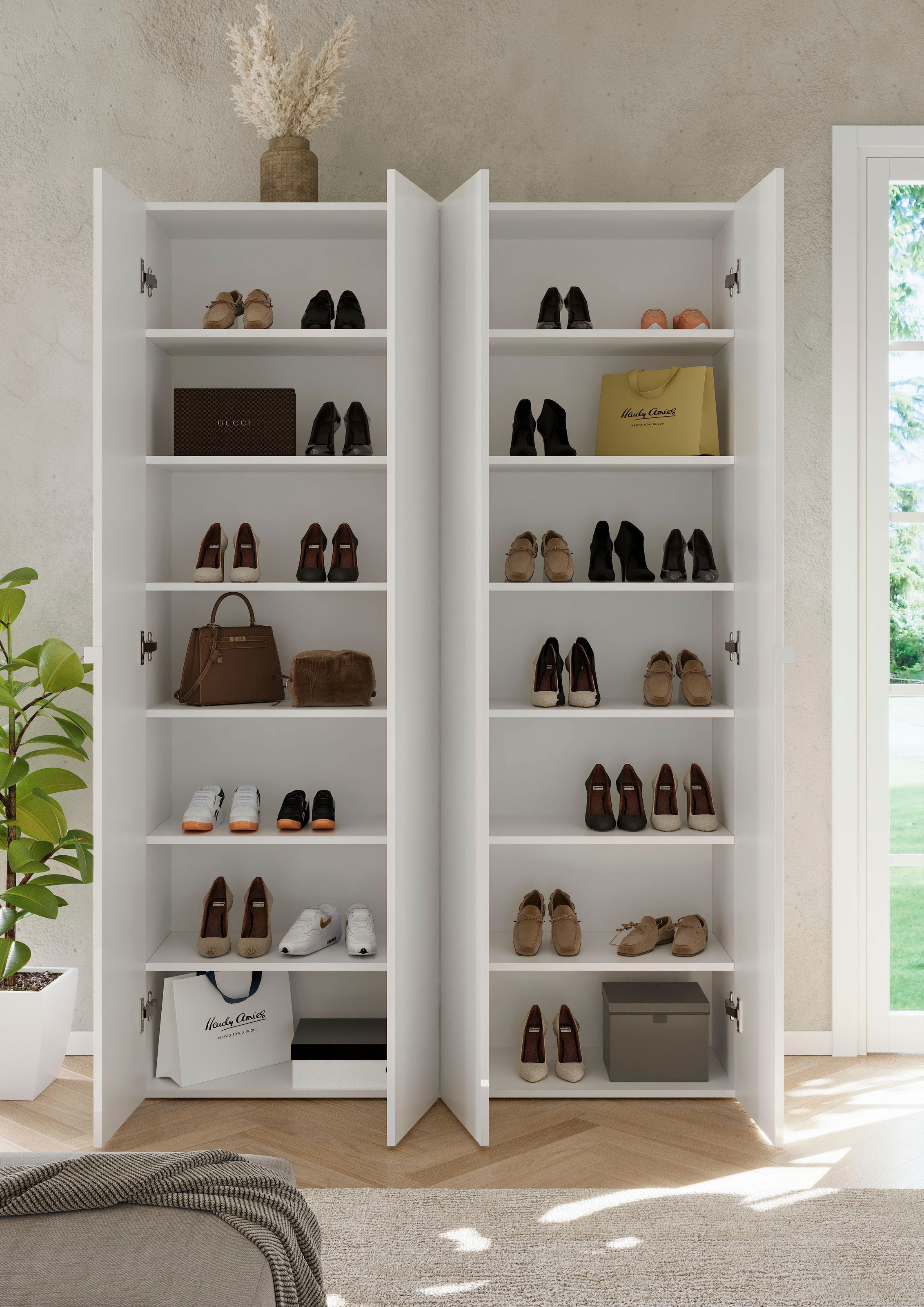 INOSIGN Schuhschrank »SMILE Breite 124 cm, Höhe 184 cm, Schuhregal mit 7 Ebenen, 14 Fächer«, Schuhkommode in Weiss Hochglanz Lack, 2 Metallgriffe