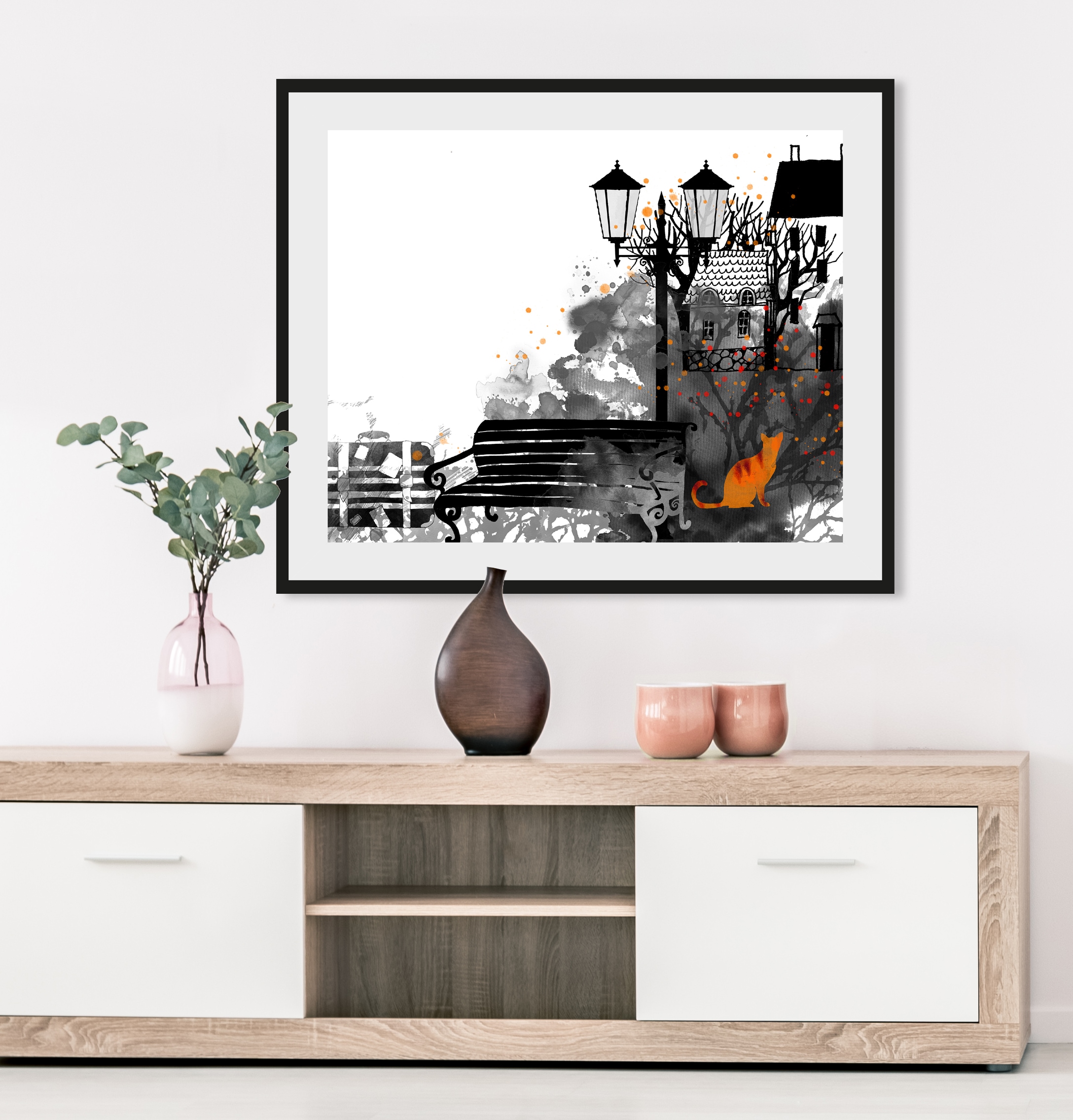 queence Bild »Park« Gebäude | Katze | Katzenbilder | Stadt HD Premium Poster-Druck inkl. Holzrahmen