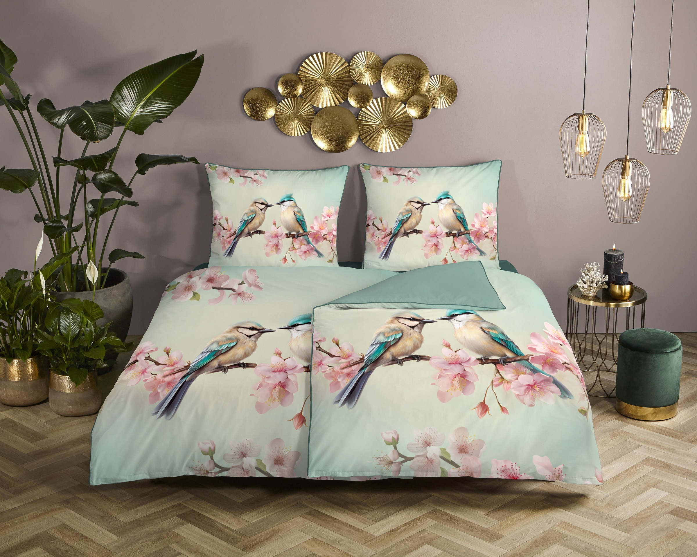 Descanso Wendebettwäsche »Minne«, Satin, Reißverschluss, Paspel, Biese, Wendeoptik, Luxe, Vogel, Mint