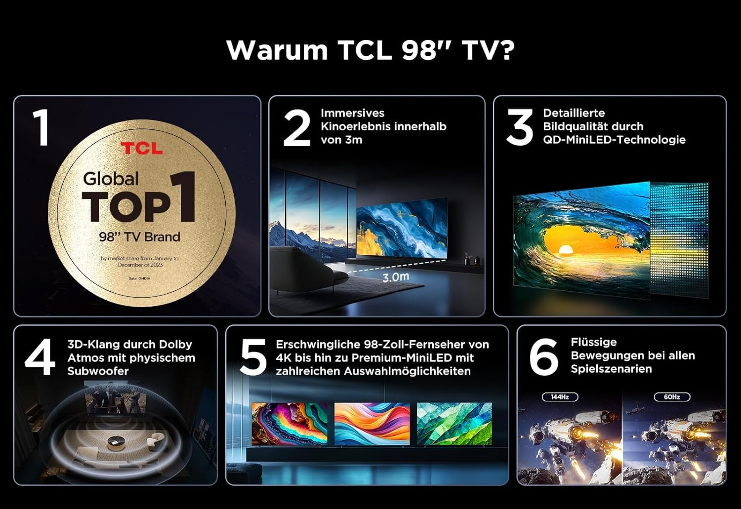 TCL LED-Fernseher »98P743X1«, 4K Ultra HD, Google TV-Smart-TV, HDR, 144Hz, Dolby Vision, Apple TV, Game Master