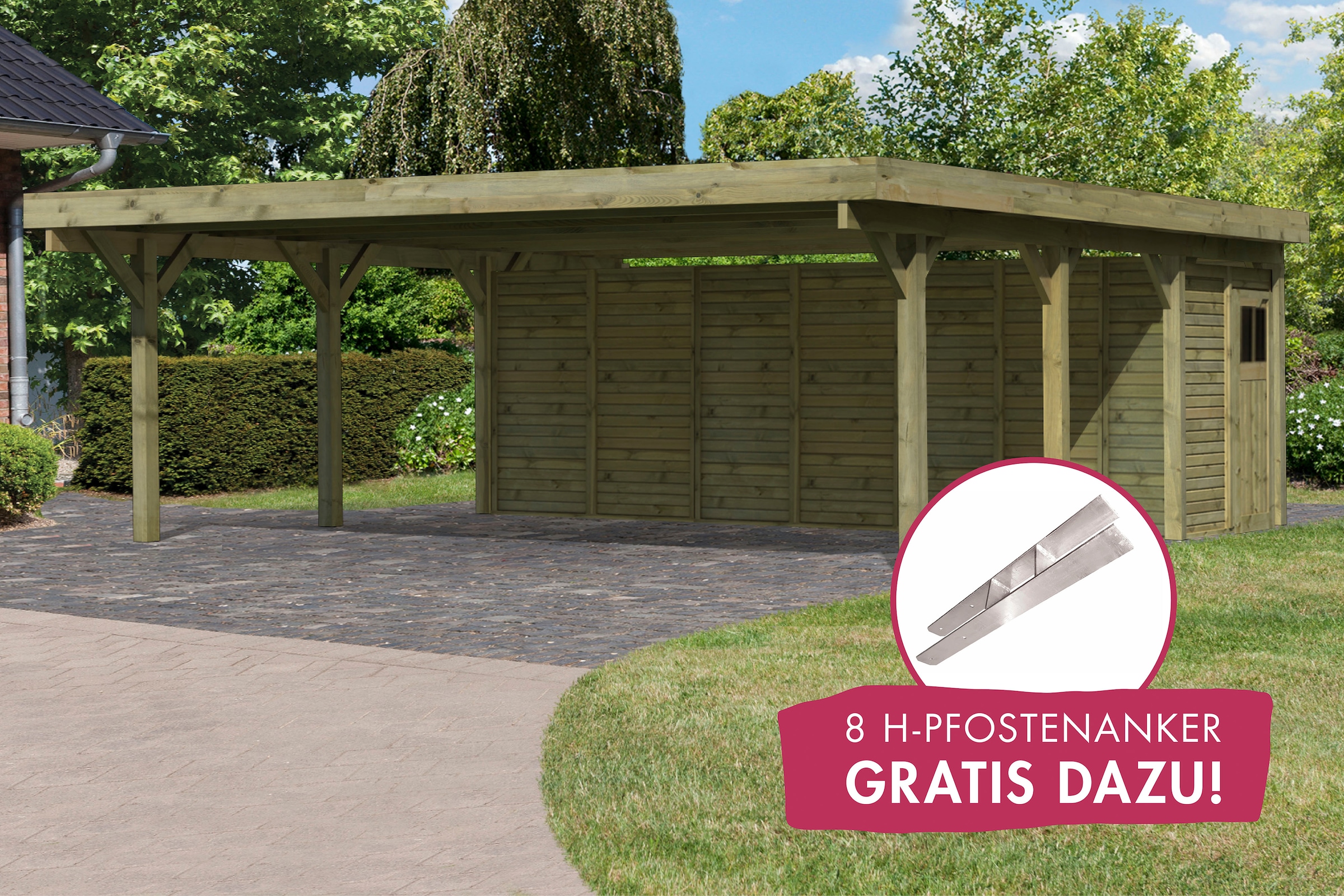 Doppelcarport »Classic 2«, Holz, 540 cm, braun, mit Geräteraum