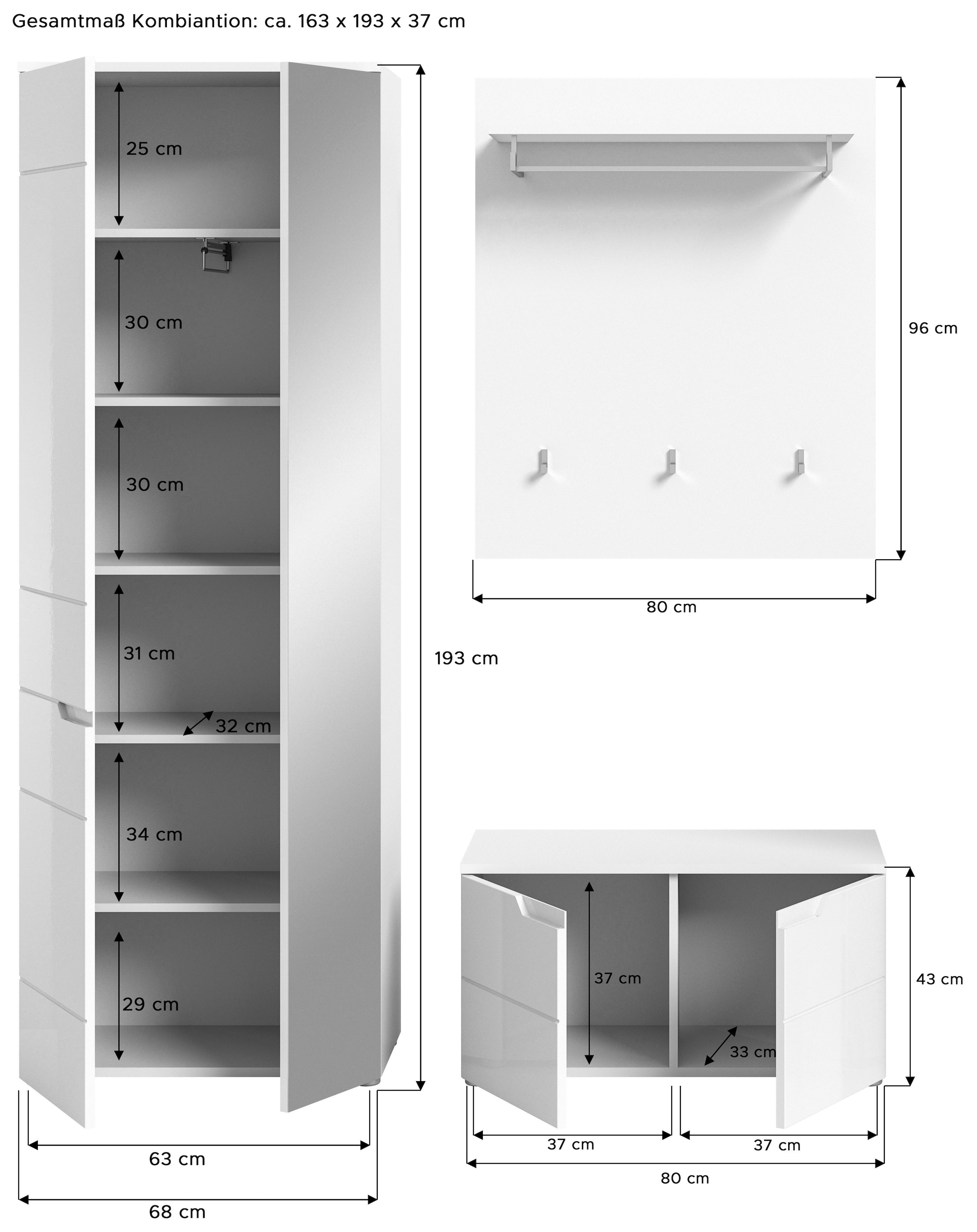INOSIGN Garderoben-Set »CAPRI, 3-teilig, mit eingefasster Griffmulde, bestehend aus:«, (3 St.), Garderobenschrank, Sitzbank und Garderobenpaneel