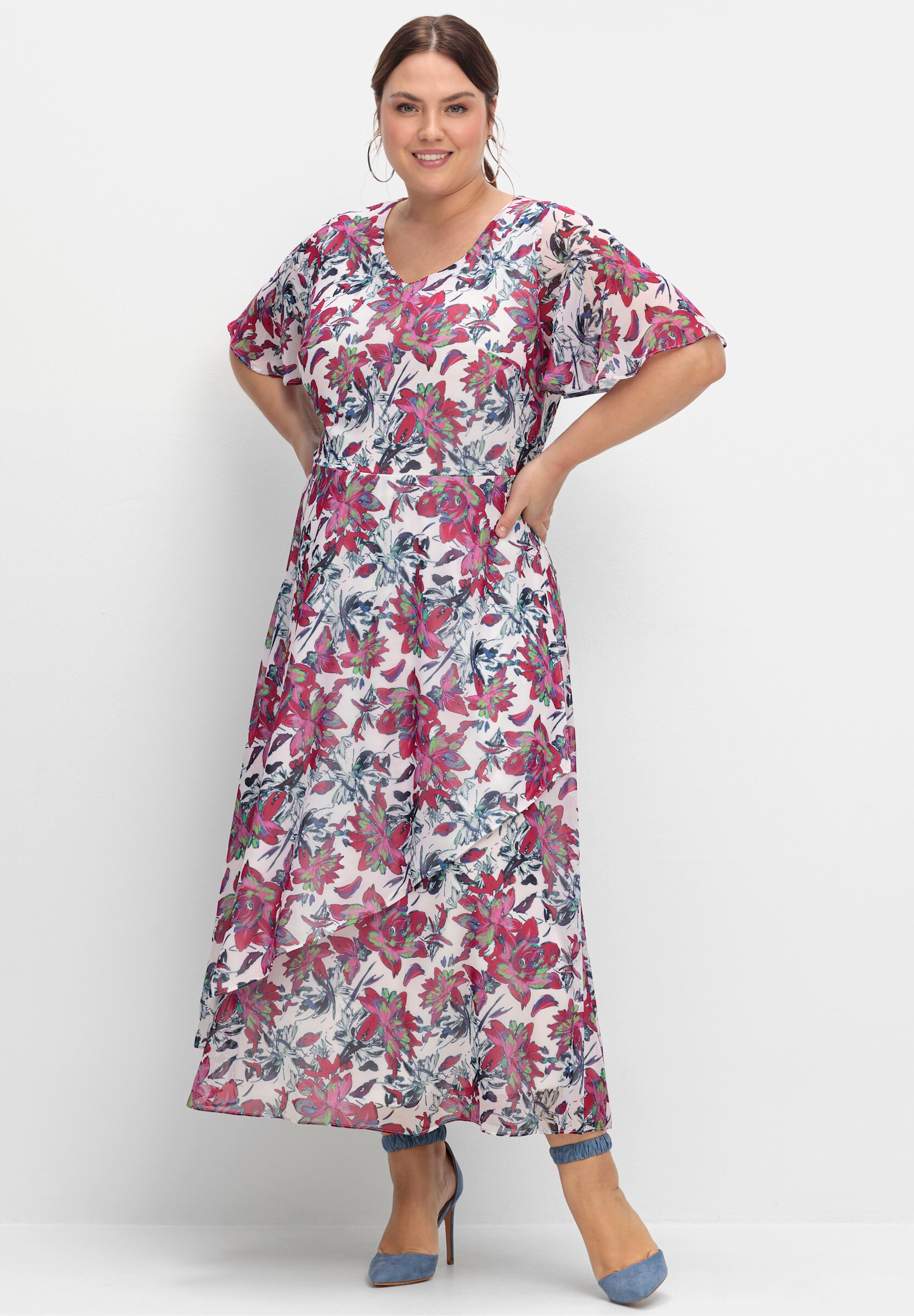 Sheego Maxikleid »Abendkleid Chiffonkleid mit Blumenprint« Ohne Taschen mit Blumenprint, blickdicht gefüttert