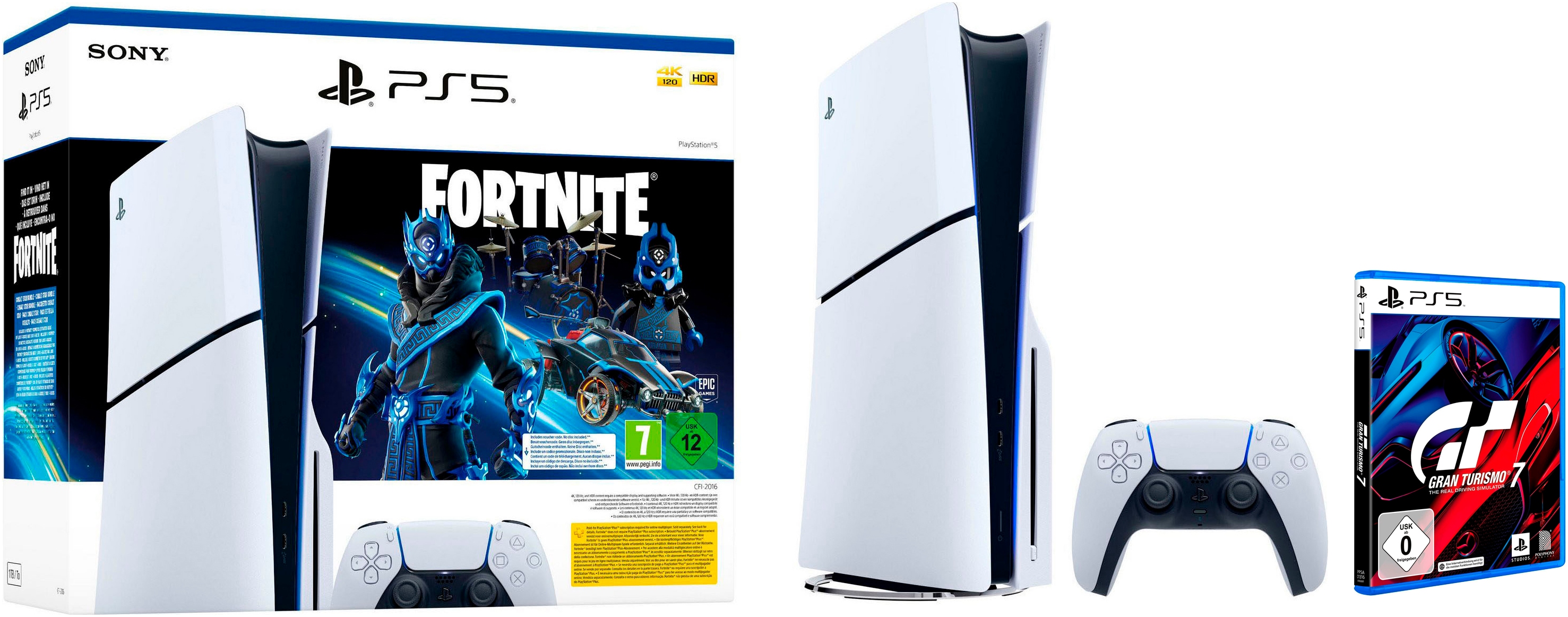 Playstation 5 Konsolen-Set »PS5 (Slim) Fortnite Cobalt Star + Gran Turismo 7« 1.000 GB in schwarz-weiß, Größe 0