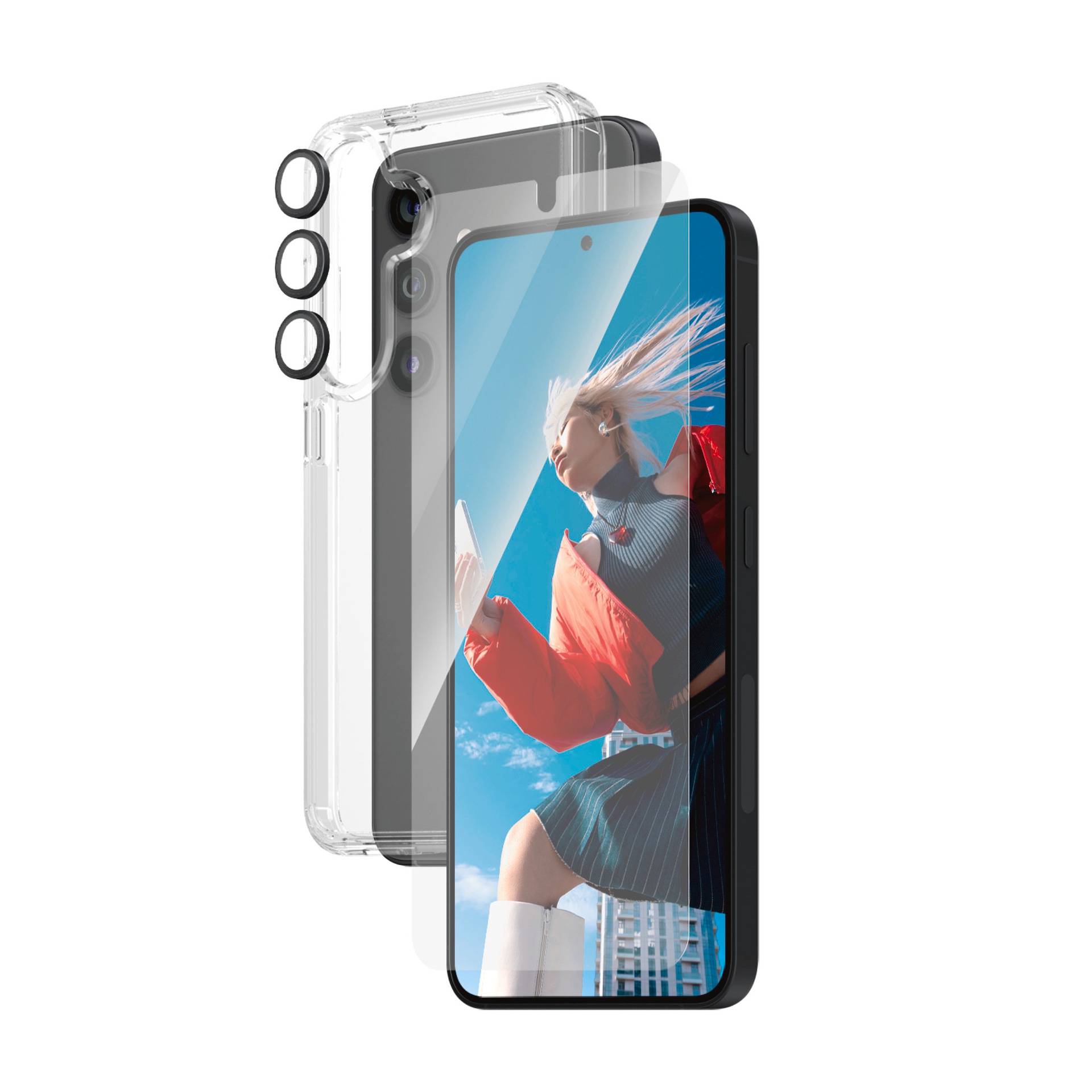 PanzerGlass Displayschutzglas »3-in-1 Bundle Set Screen Protector, HardCase, Hoops« für Samsung Galaxy S24 Displayschutzfolie, Schutzfolie, Bildschirmschutz, kratz- & stoßfest