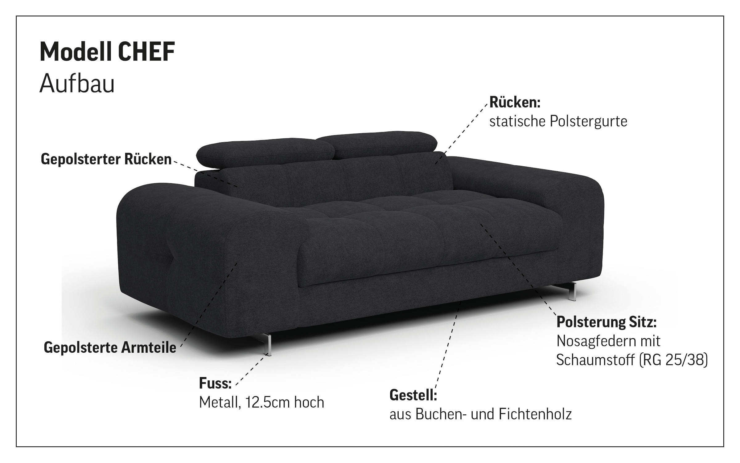 COTTA 2-Sitzer »Chef«, Big-Sofa mit Kopfteilverstellung, edle Metallkufen