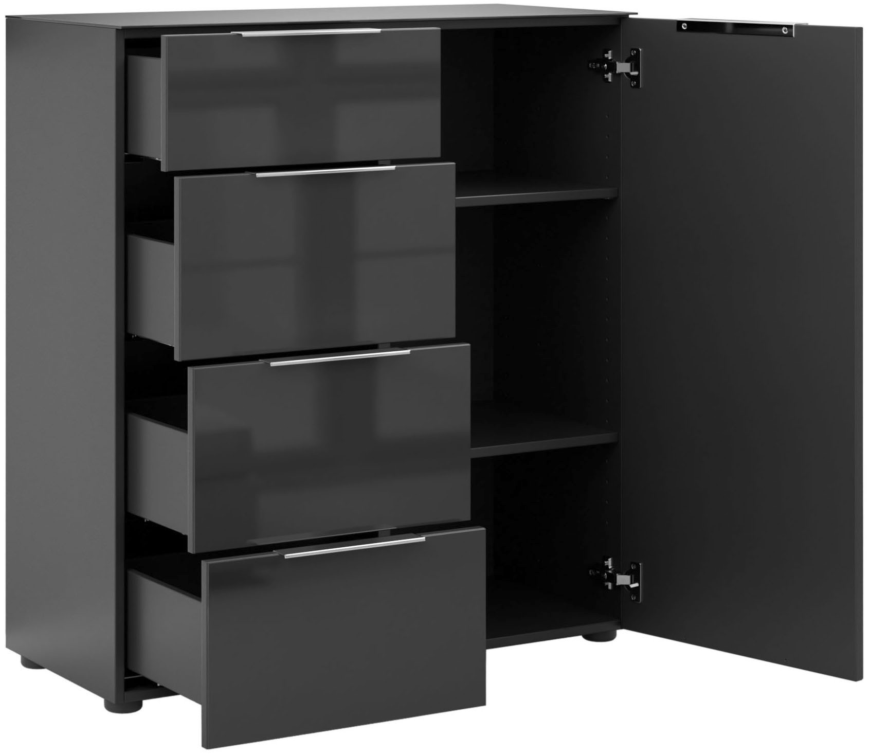 Manjana Möbel Kommode »mit Chrom oder Schwarz matten Metallgriffen & Glasfront, Soft-Close« melaminbeschichteter Korpus, mit Vollauszug, Made in Germany