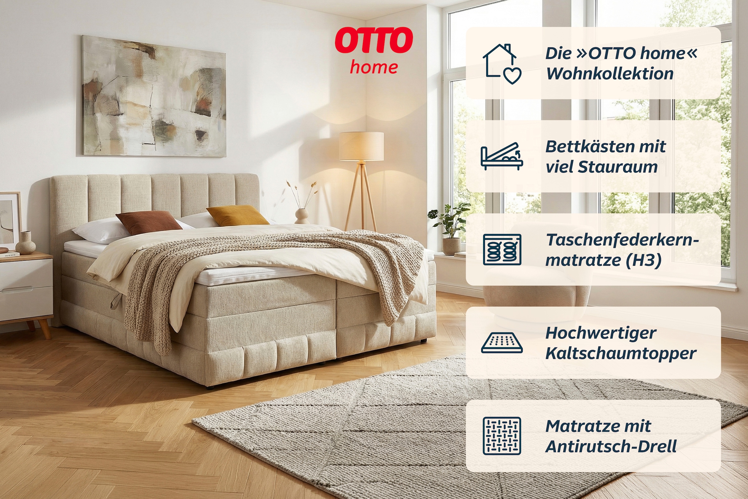 OTTO home Boxbett »LIKELY, Polsterbett mit Bettkasten, inkl. Taschenfederkernmatratze H3« mit Kaltschaumtopper, Strukturstoff-Bezug, 140x200 & 180x200 cm