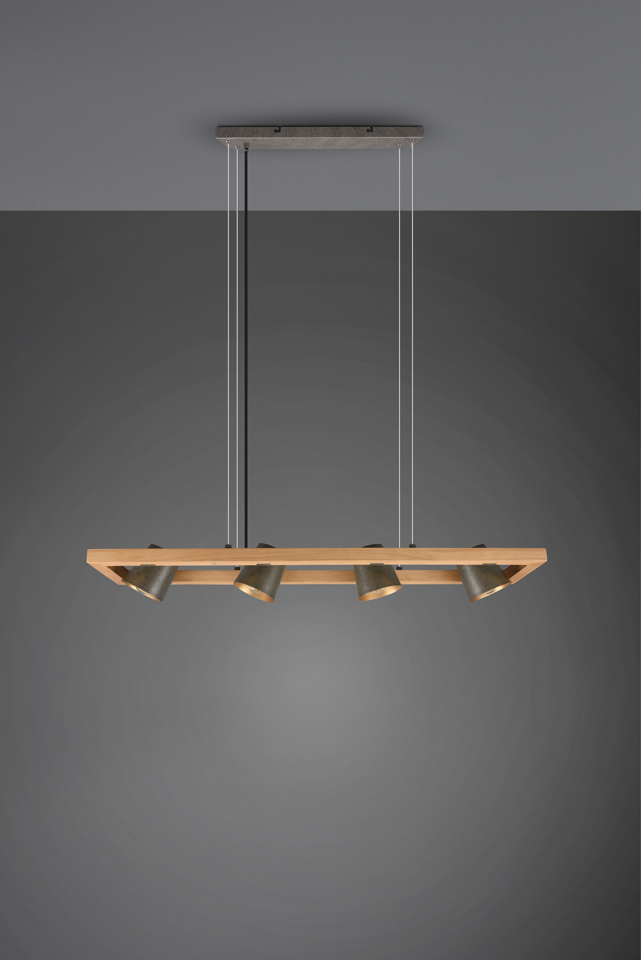 TRIO Leuchten Pendelleuchte »Bell«, 4 flammig, Leuchtmittel E14 | ohne Leuchtmittel-Leuchtmittel wechselbar, aus Holz mit Schirmen in Glocken-Design / Schirme nickel antik Optik