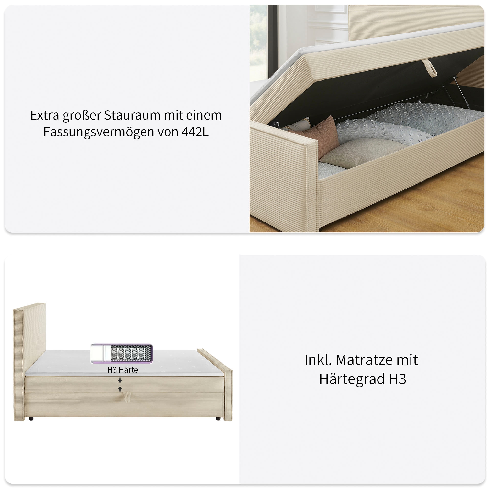 OTTO home Boxbett »Henno inkl. Bettkasten und Topper, Liegefläche 180x200cm« erhältlich in hochwertigem Cord-Stoff und der Größe 180x200 cm
