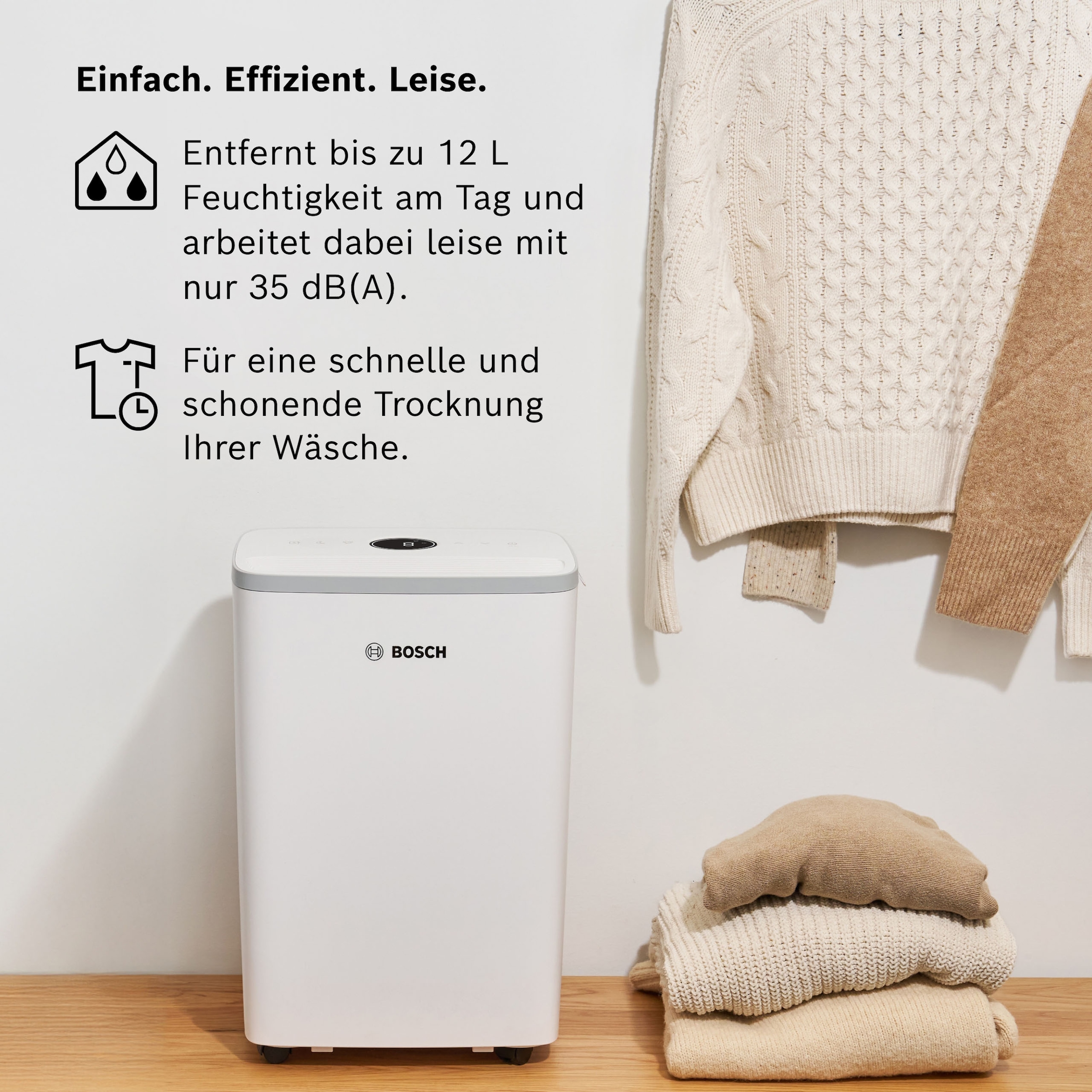 BOSCH Luftentfeuchter »Dry 2000 - Ideal für die Wohnung & schnelle Trocknung der Wäsche« Entfeuchtung 12 l/Tag Tank 2,5 l Ultra-leiser Betrieb; nur 35 dB(A)