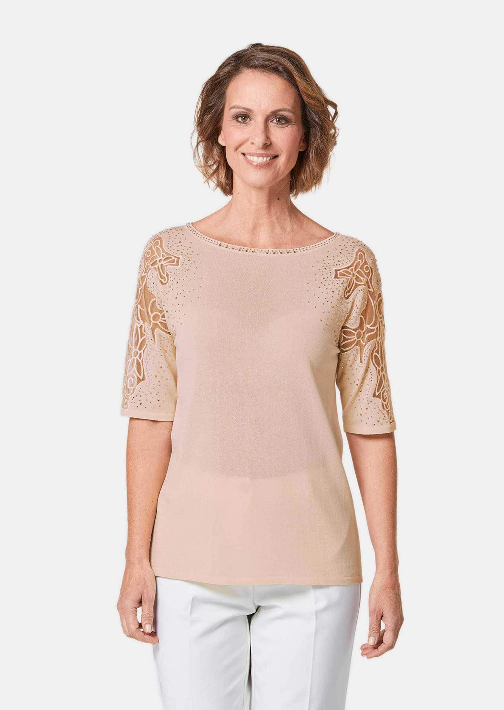 GOLDNER Rundhalspullover »Pullover Pullover mit Spitzeneinsätzen und Glanzsteinchen«