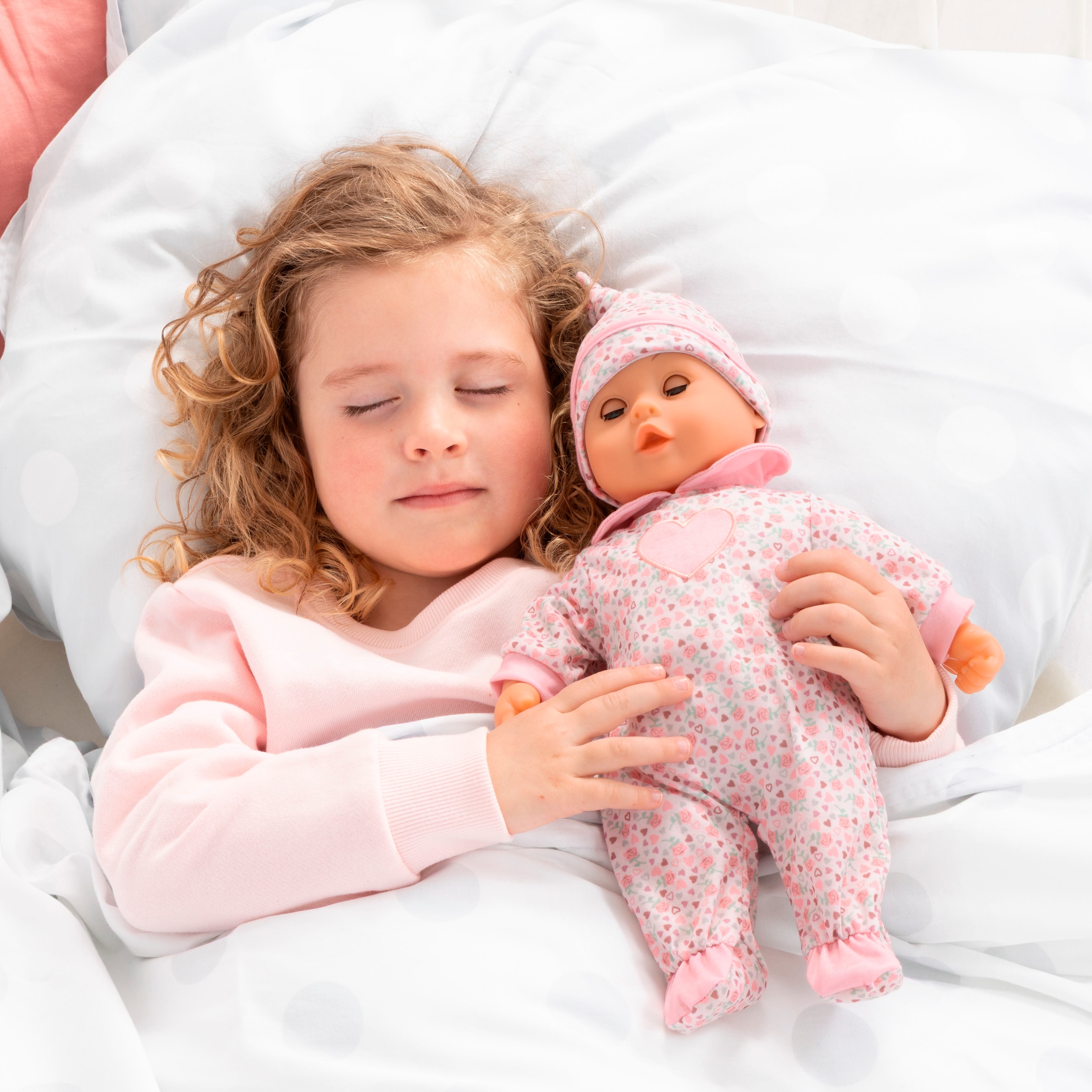 Bayer Babypuppe »First Words Baby, 38 cm, Herzen rosa«, (3 tlg.), mit Schlafaugen und Babygeräuschen
