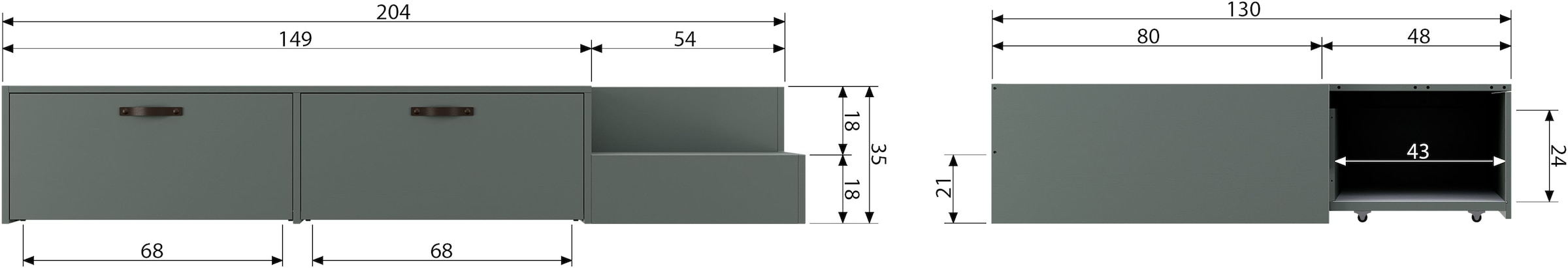 WOOOD Stauraumbett »Stage Massivholz FSC®-Kiefernholz mit Trittstufen 204 x 131 x 35 cm« Rollauszüge mit Ledergriff, breite Holzkante, Matratzenmaß 80x200 cm