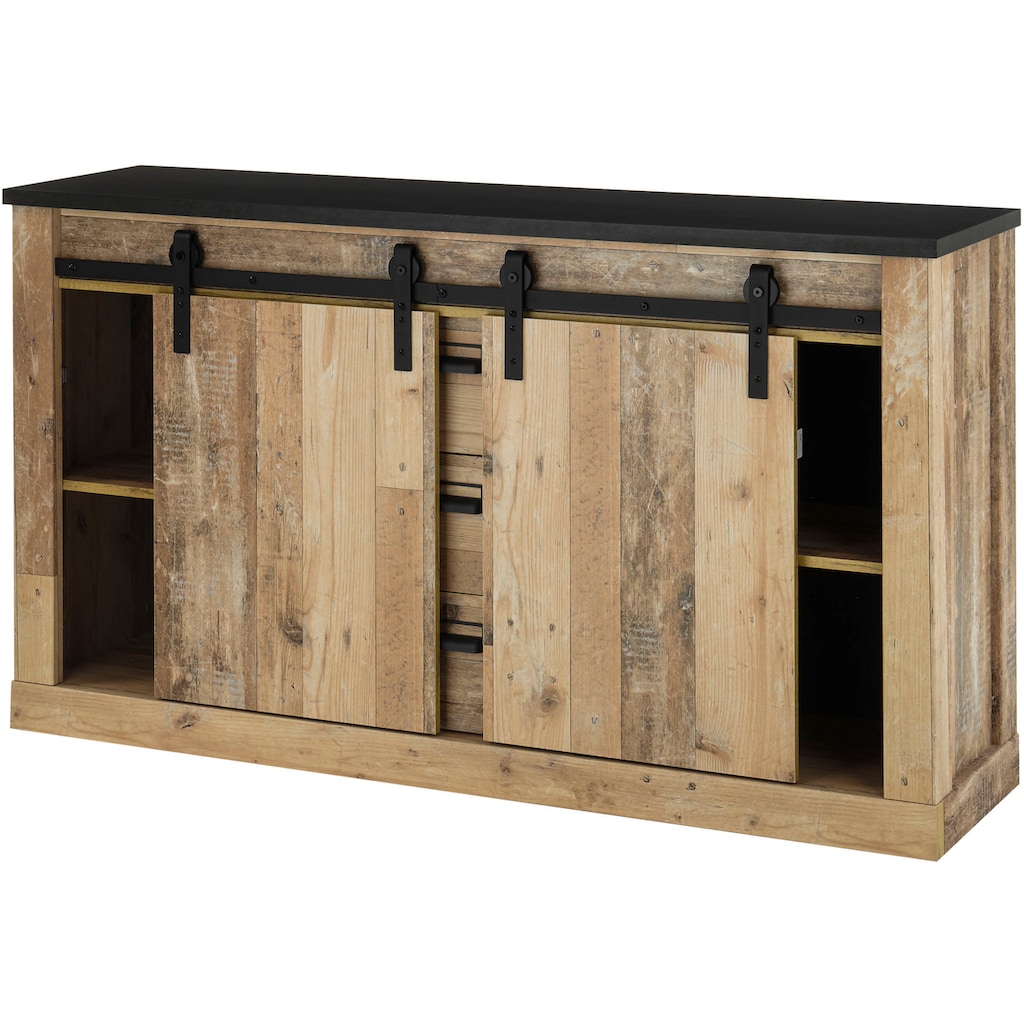 Premium collection by Home affaire Sideboard »SHERWOOD«, in modernem Holz Dekor, mit Scheunentorbeschlag und Apothekergriffen aus Metall, Breite 92 cm