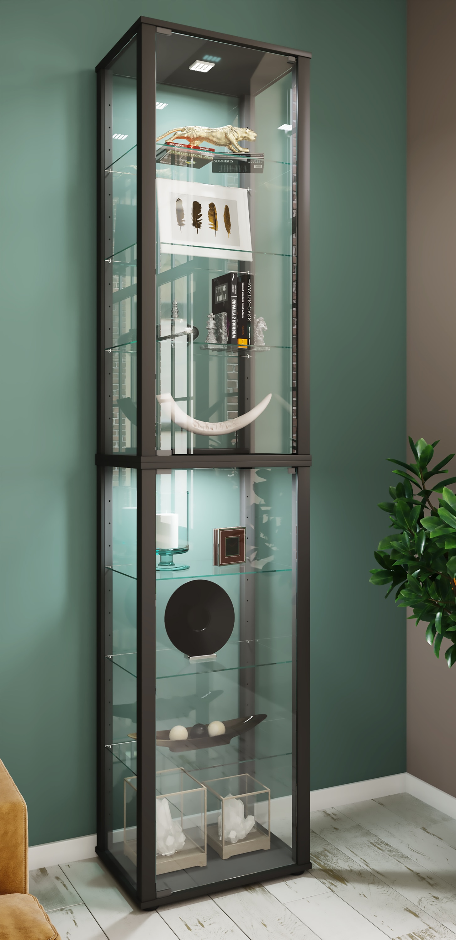 VCM Vitrine »VCM Glasvitrine stehend | Vitrine Glas mit ESG-Sicherheitsglas | Maße ca. H. 227 x B. 50 x T. 38 cm | Standvitrine Glas | Modern und platzsparend | Glas Vitrinenschrank ¿ Kavisa XL«, (1 St.)