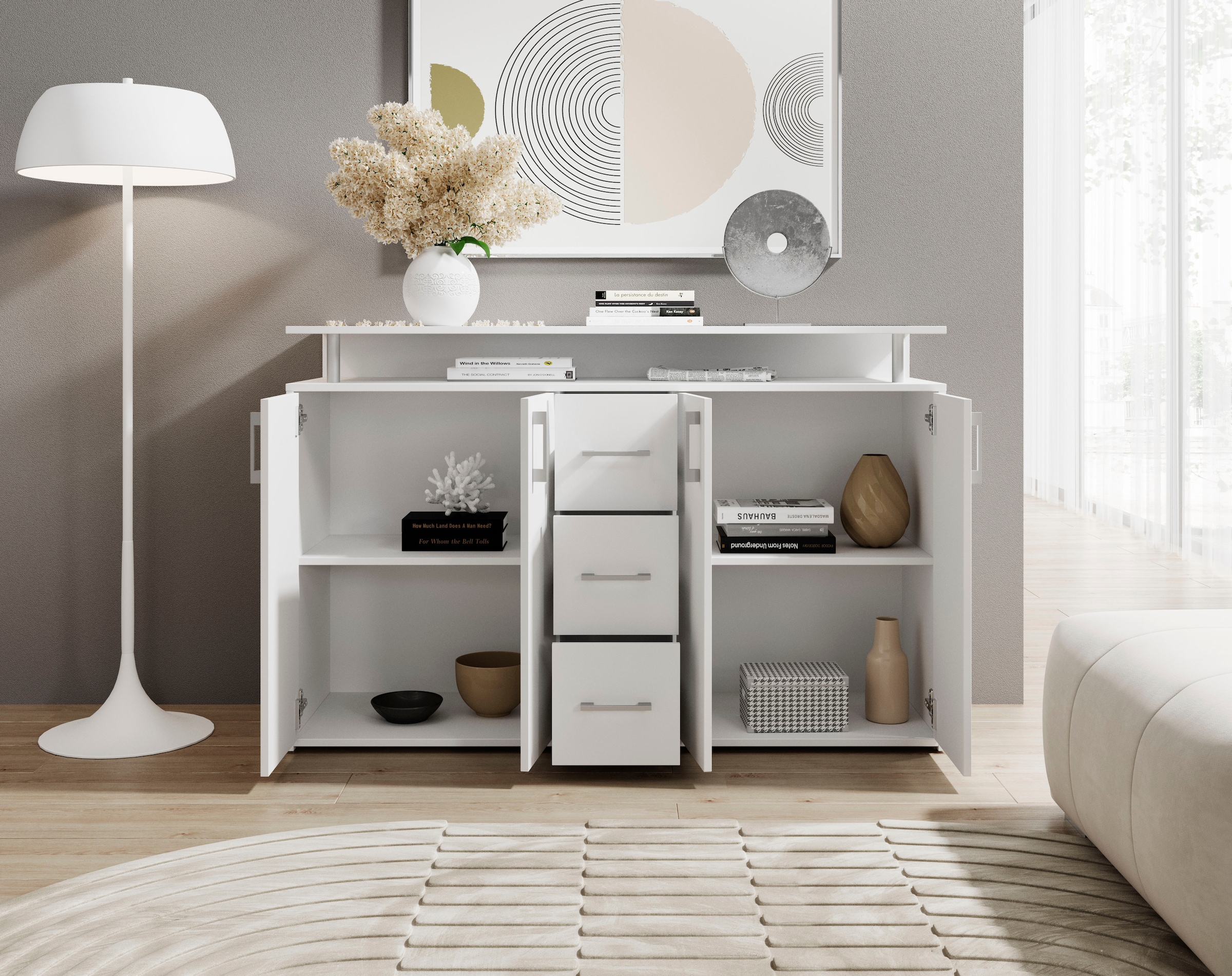 HBZ Sideboard »Drivno Sideboard, B/H/T 139x90x34 cm« Breite 139cm, Kugelauszug, Einlegeböden verstellbar,  3 Schubkästen